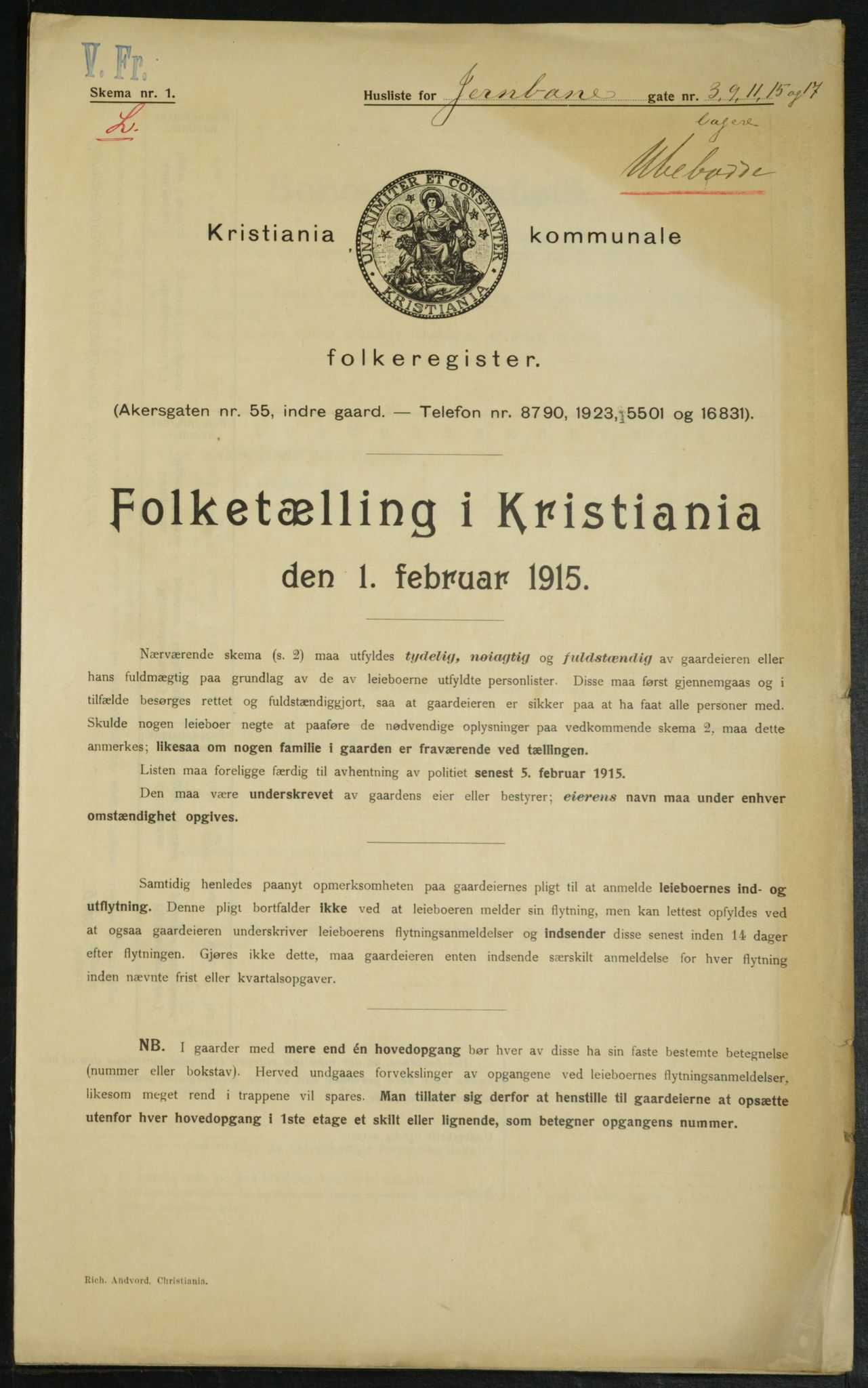OBA, Kommunal folketelling 1.2.1915 for Kristiania, 1915, s. 46346