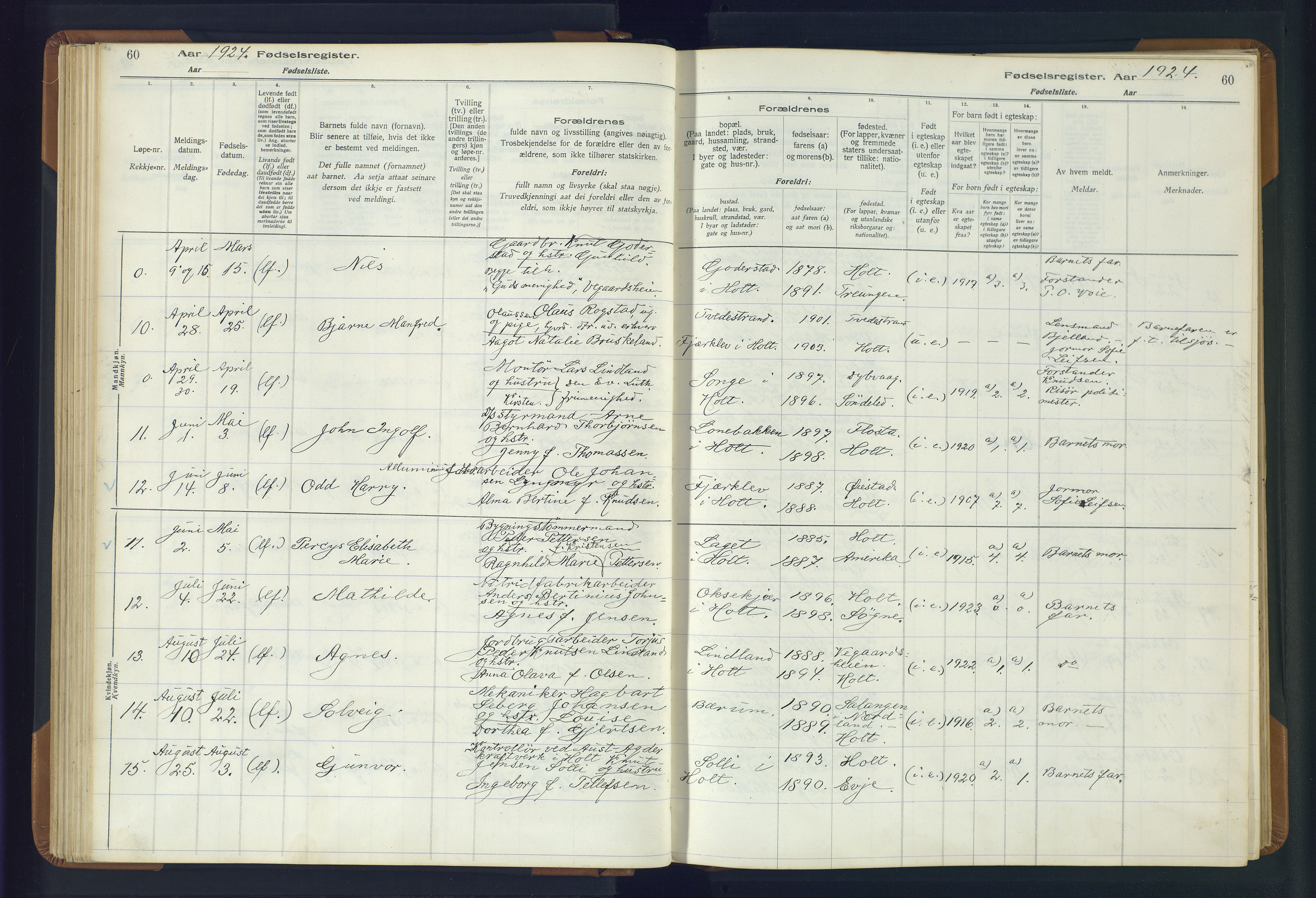 Holt sokneprestkontor, AV/SAK-1111-0021/J/Ja/L0001: Fødselsregister nr. II.4.1, 1916-1946, s. 60