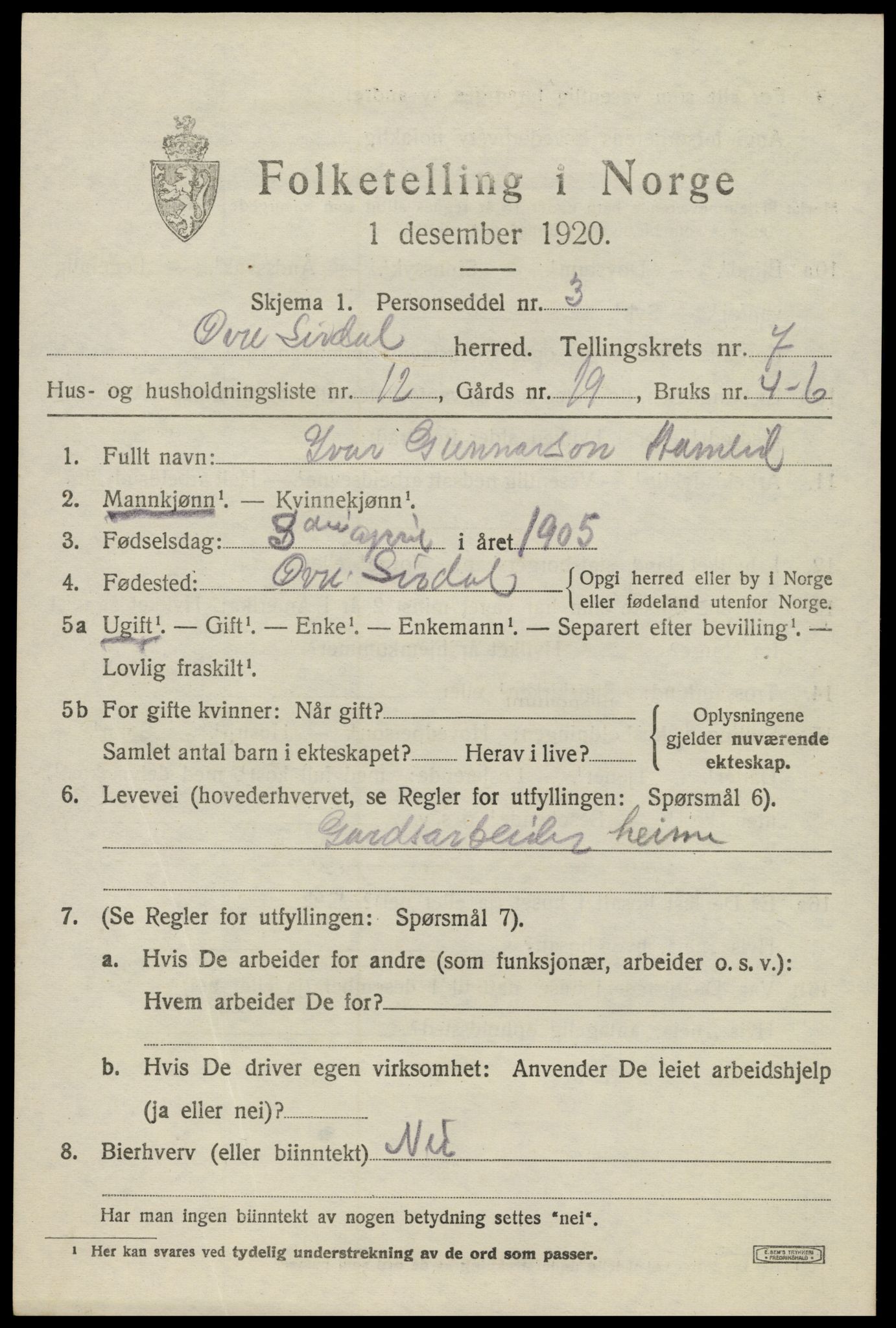 SAK, Folketelling 1920 for 1047 Øvre Sirdal herred, 1920, s. 1317