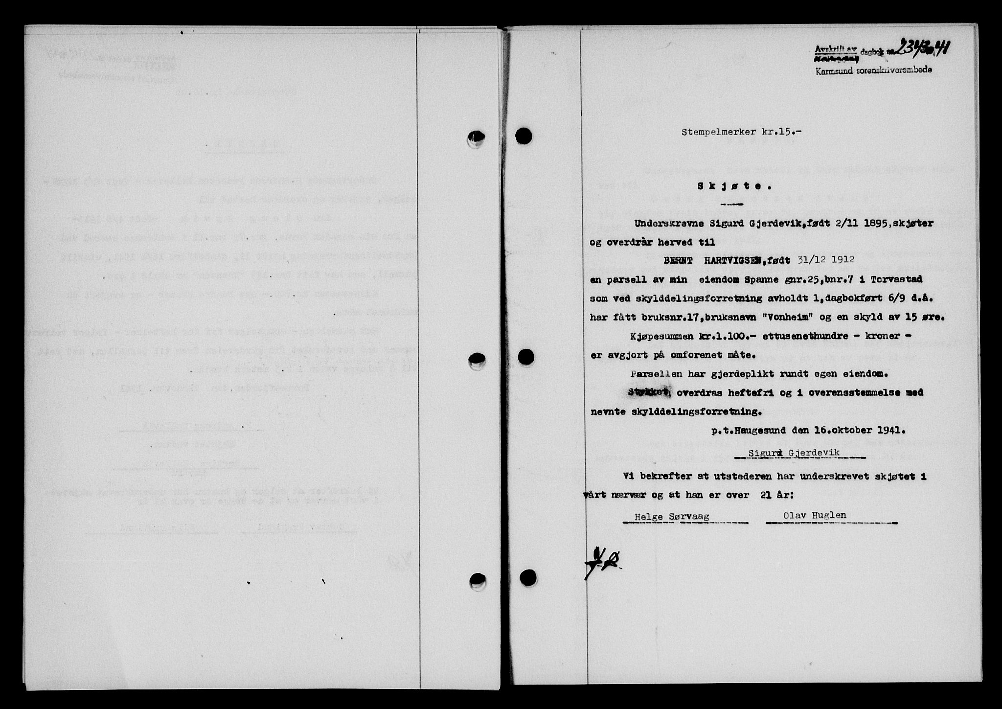 Karmsund sorenskriveri, SAST/A-100311/01/II/IIB/L0076: Pantebok nr. 57A, 1941-1941, Dagboknr: 2343/1941