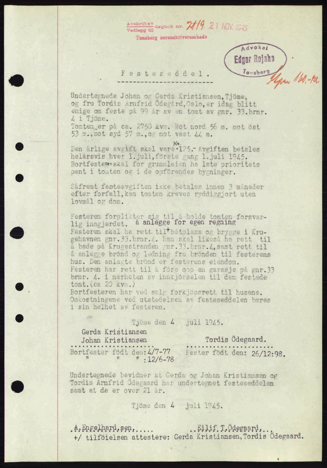 Tønsberg sorenskriveri, AV/SAKO-A-130/G/Ga/Gaa/L0017a: Pantebok nr. A17a, 1945-1945, Dagboknr: 2119/1945