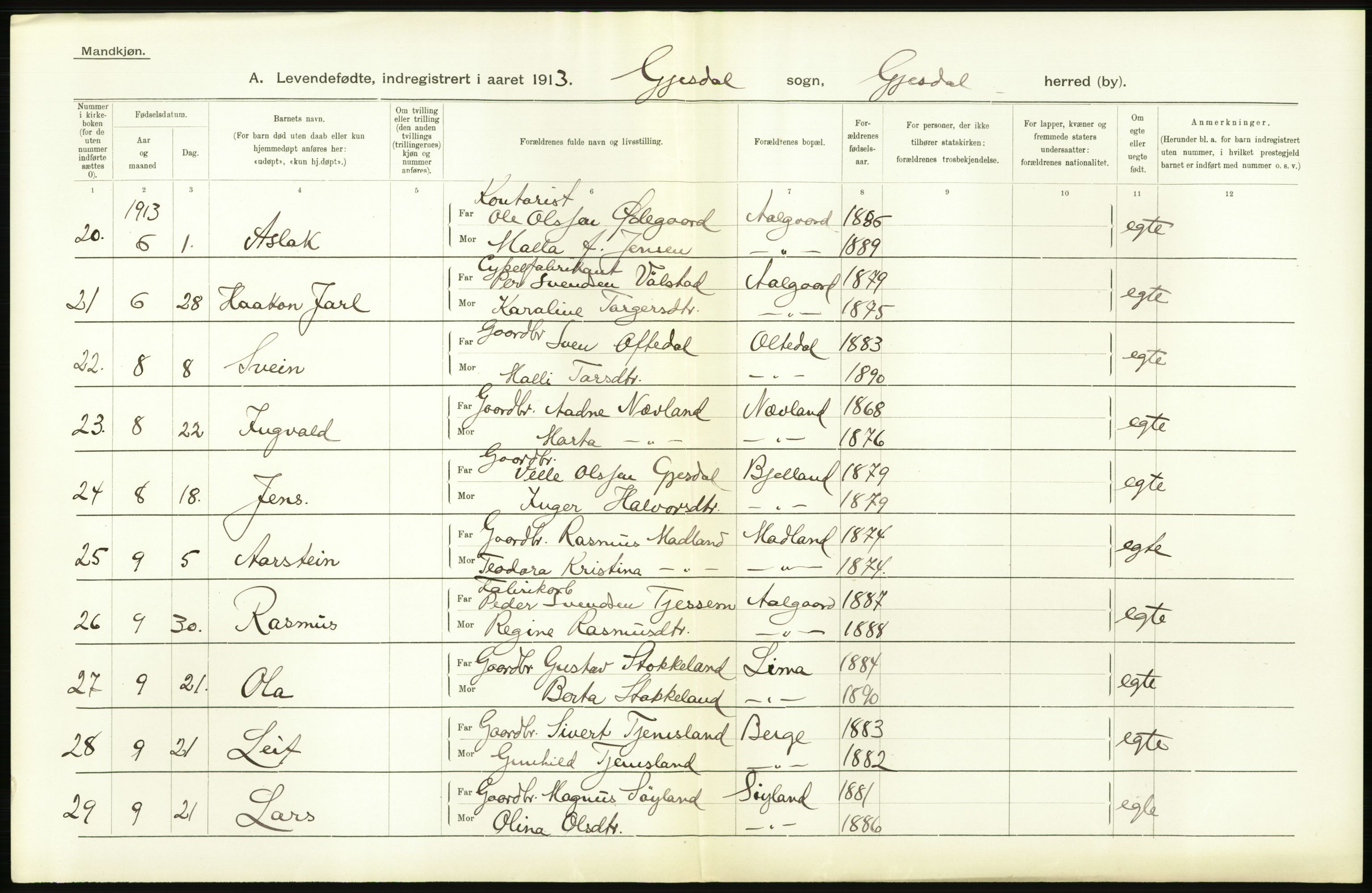 Statistisk sentralbyrå, Sosiodemografiske emner, Befolkning, AV/RA-S-2228/D/Df/Dfb/Dfbc/L0025: Stavanger amt: Levendefødte menn og kvinner. Bygder., 1913, s. 40