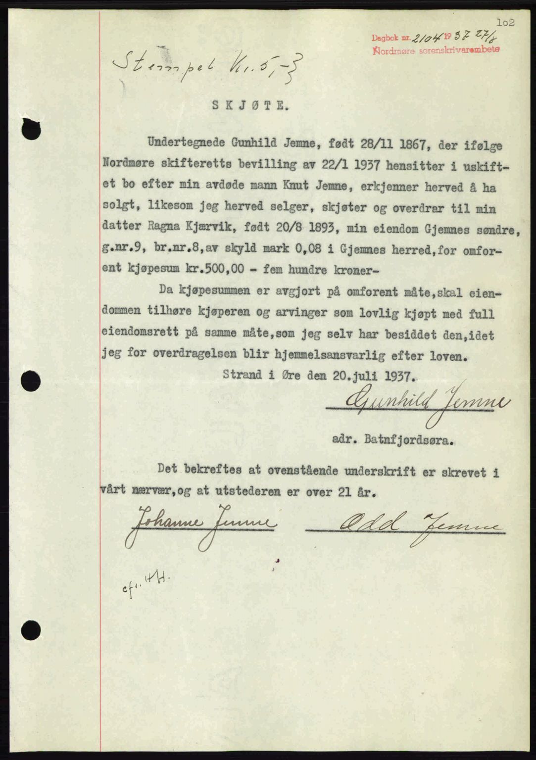 Nordmøre sorenskriveri, SAT/A-4132/1/2/2Ca: Pantebok nr. A82, 1937-1938, Dagboknr: 2104/1937