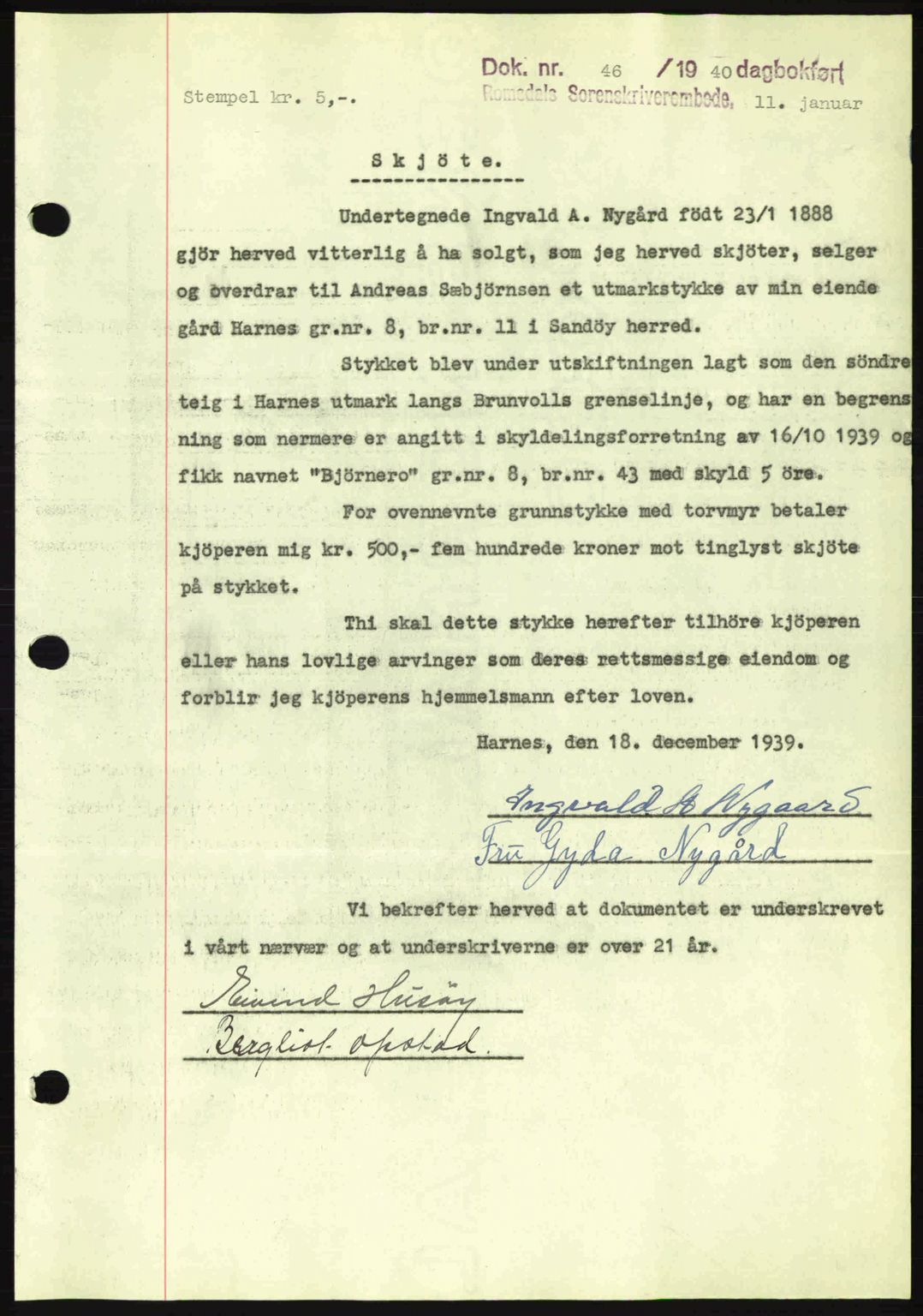 Romsdal sorenskriveri, AV/SAT-A-4149/1/2/2C: Pantebok nr. A8, 1939-1940, Dagboknr: 46/1940