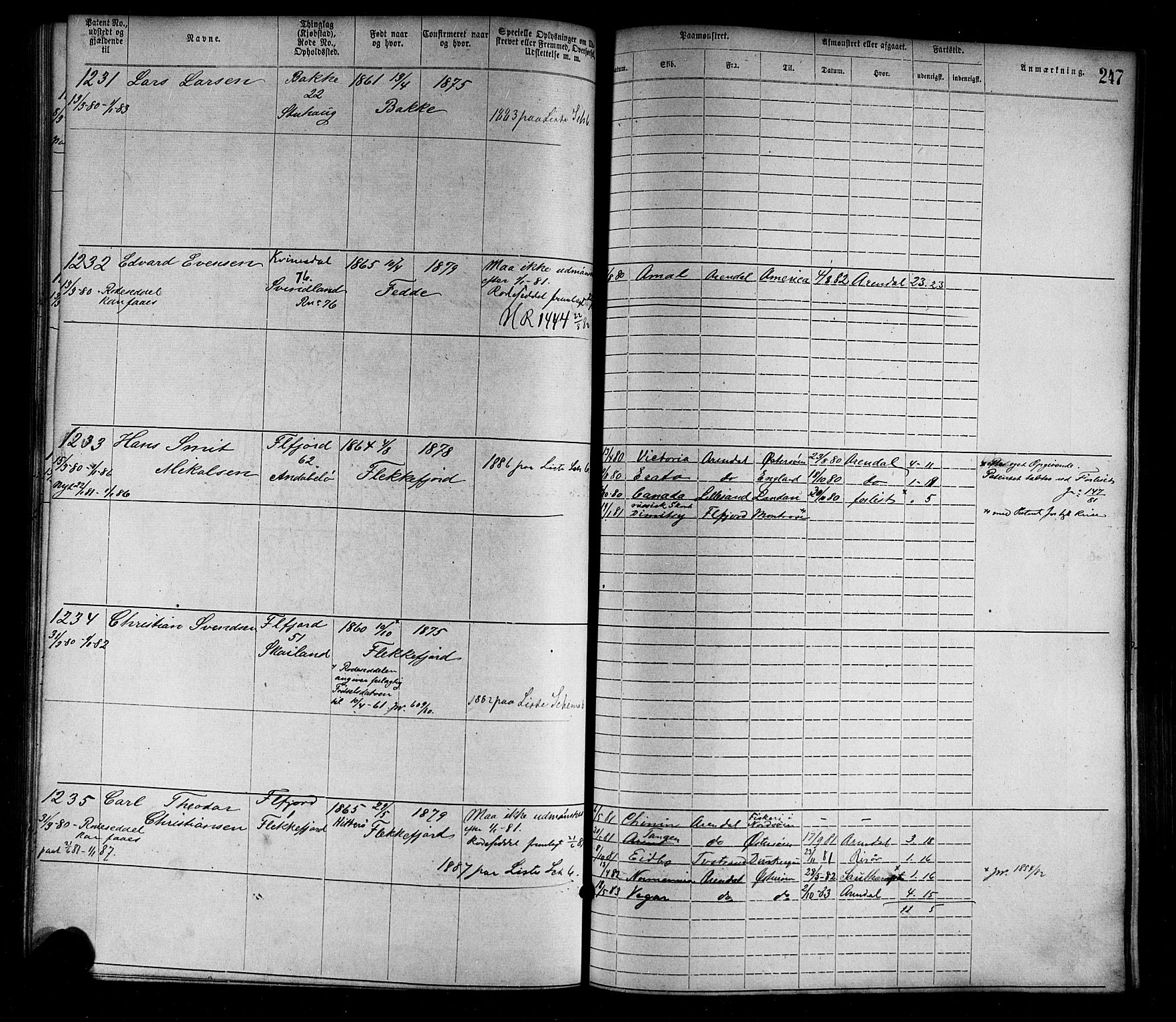 Flekkefjord mønstringskrets, AV/SAK-2031-0018/F/Fa/L0002: Annotasjonsrulle nr 1-1920 med register, N-2, 1870-1891, s. 275