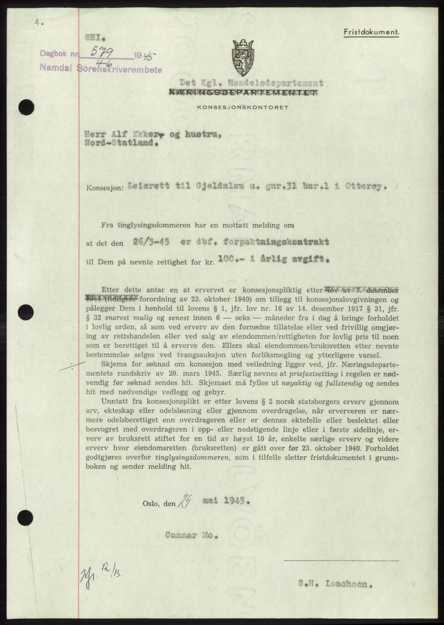 Namdal sorenskriveri, SAT/A-4133/1/2/2C: Pantebok nr. -, 1944-1945, Dagboknr: 579/1945