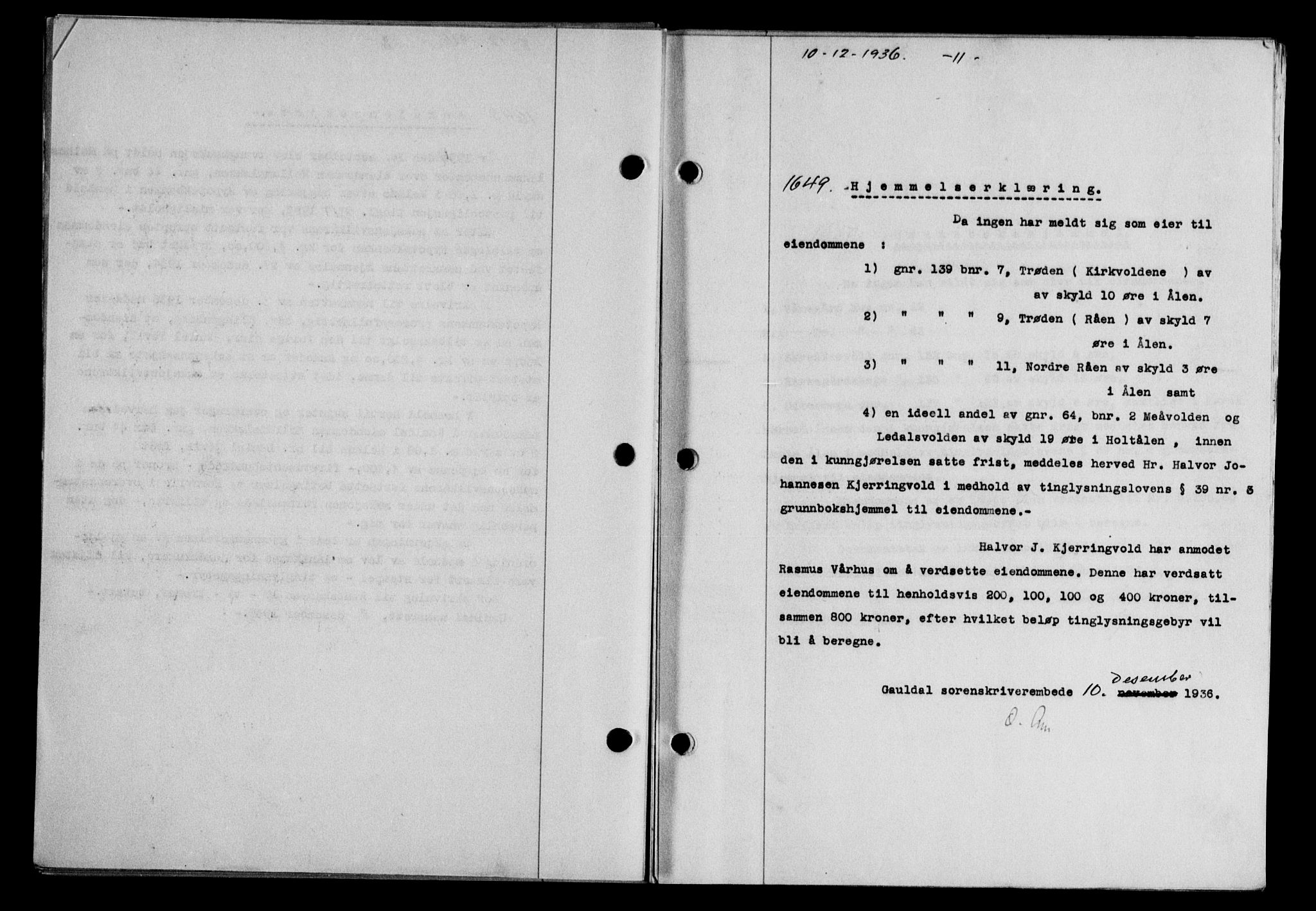 Gauldal sorenskriveri, SAT/A-0014/1/2/2C/L0046: Pantebok nr. 49-50, 1936-1937, Dagboknr: 1649/1936