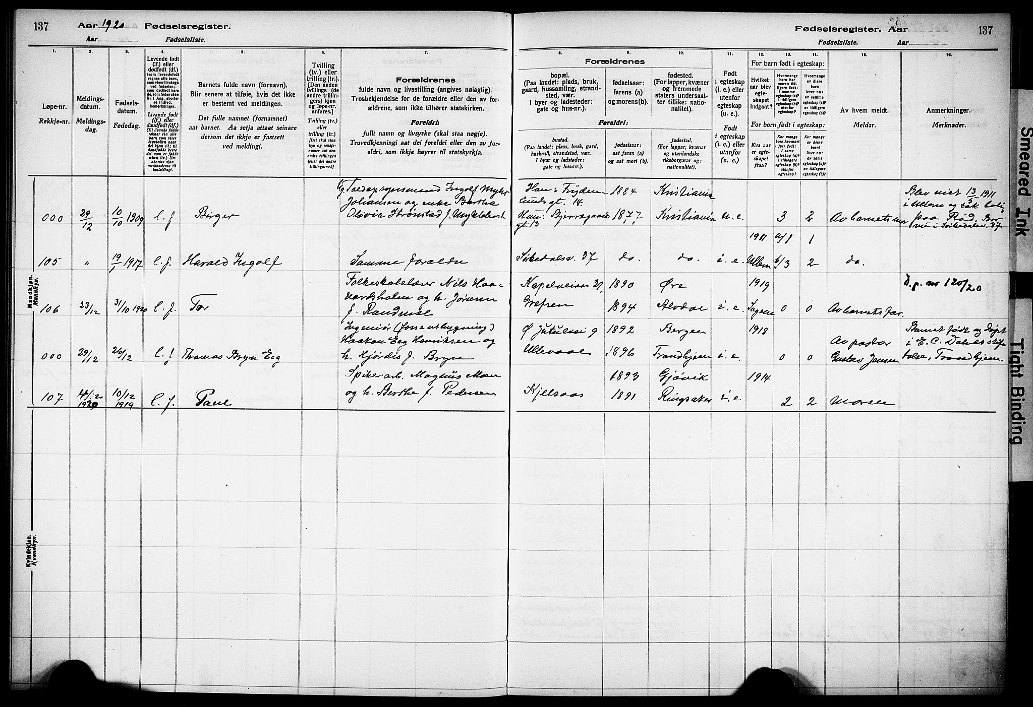 Vestre Aker prestekontor Kirkebøker, SAO/A-10025/J/Ja/L0001: Fødselsregister nr. 1, 1916-1922, s. 137