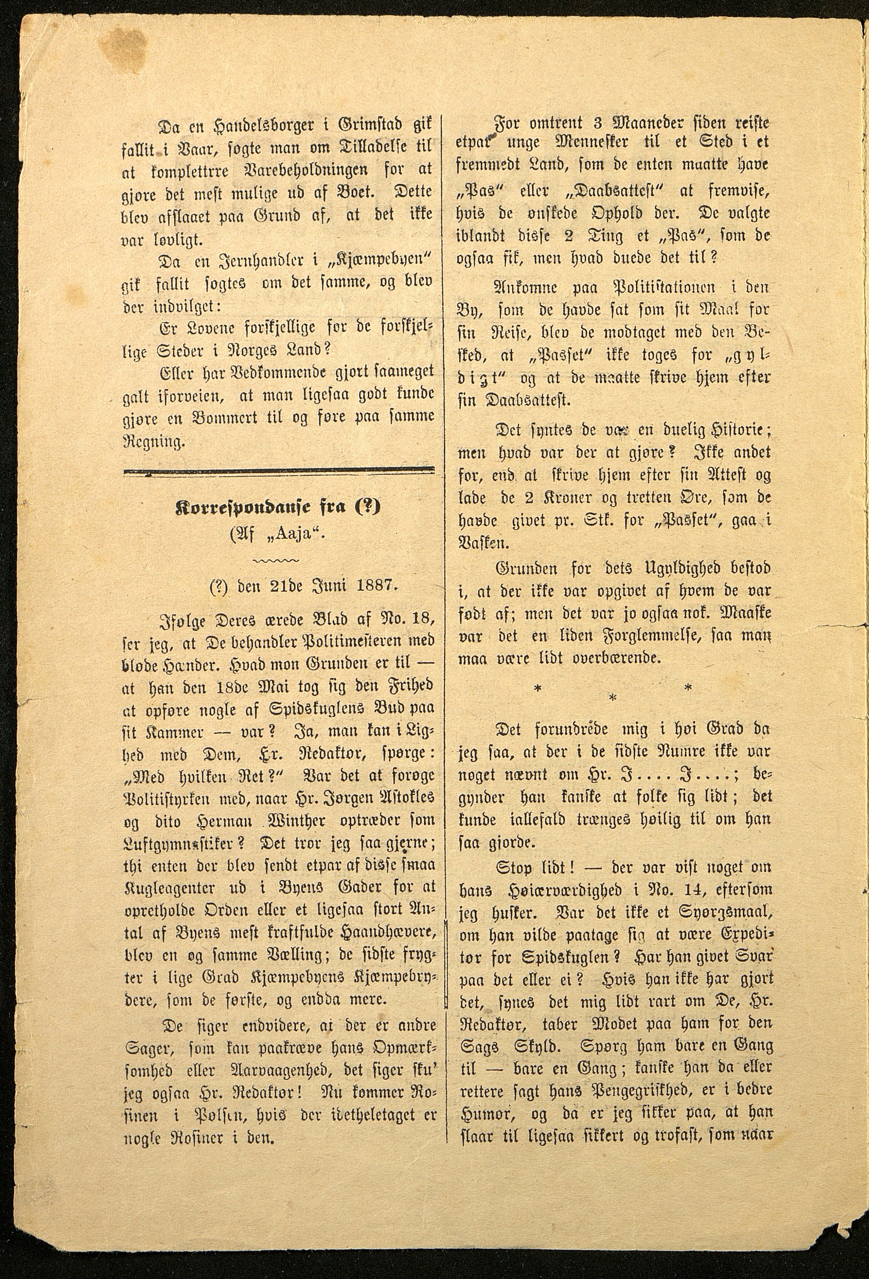 Spidskuglen, AAKS/PA-2823/X/L0001/0001: Spidskuglen / Årg. 1887, nr. 1–2, 4–23, 25–36, 1887