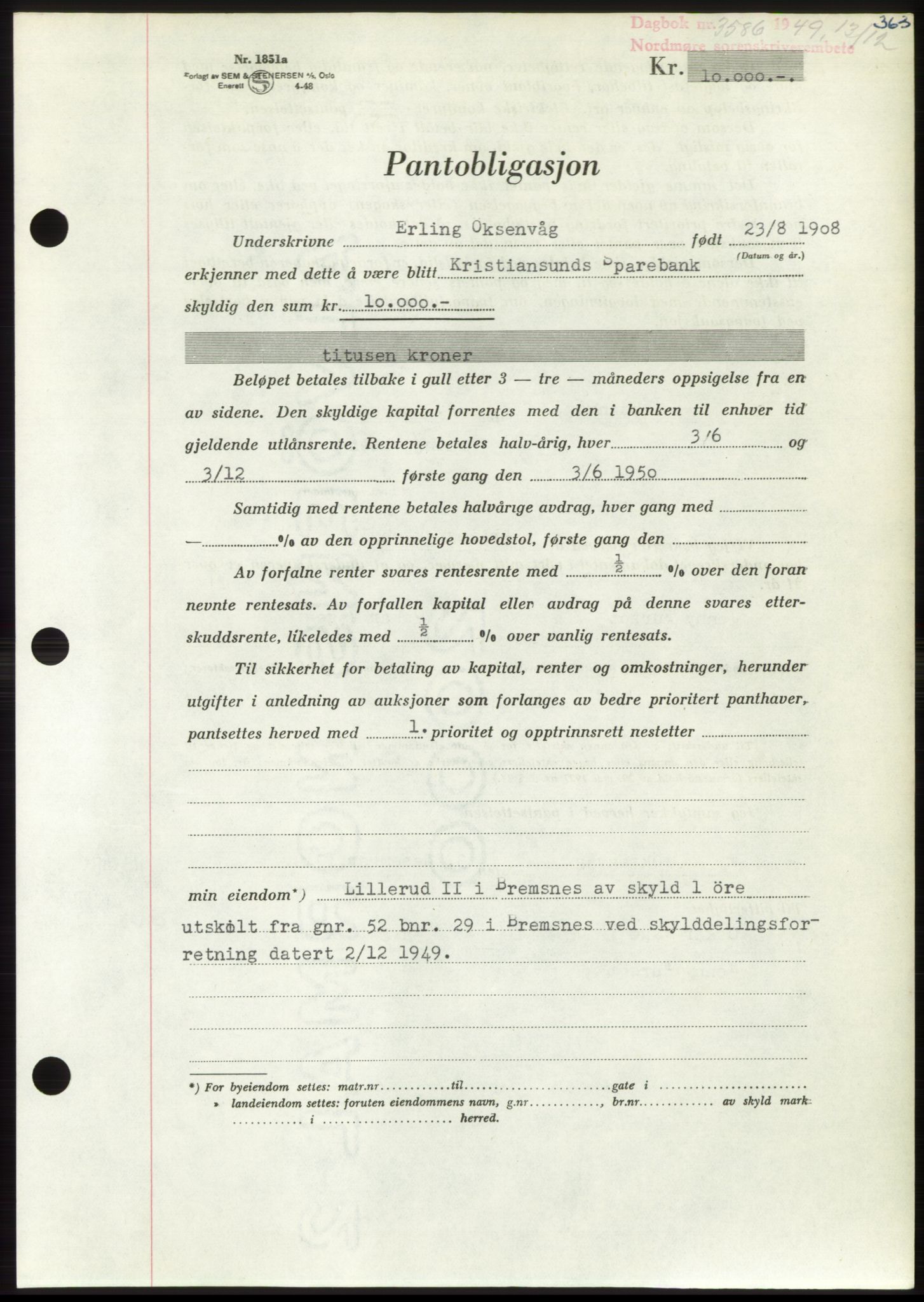 Nordmøre sorenskriveri, AV/SAT-A-4132/1/2/2Ca: Pantebok nr. B103, 1949-1950, Dagboknr: 3586/1949