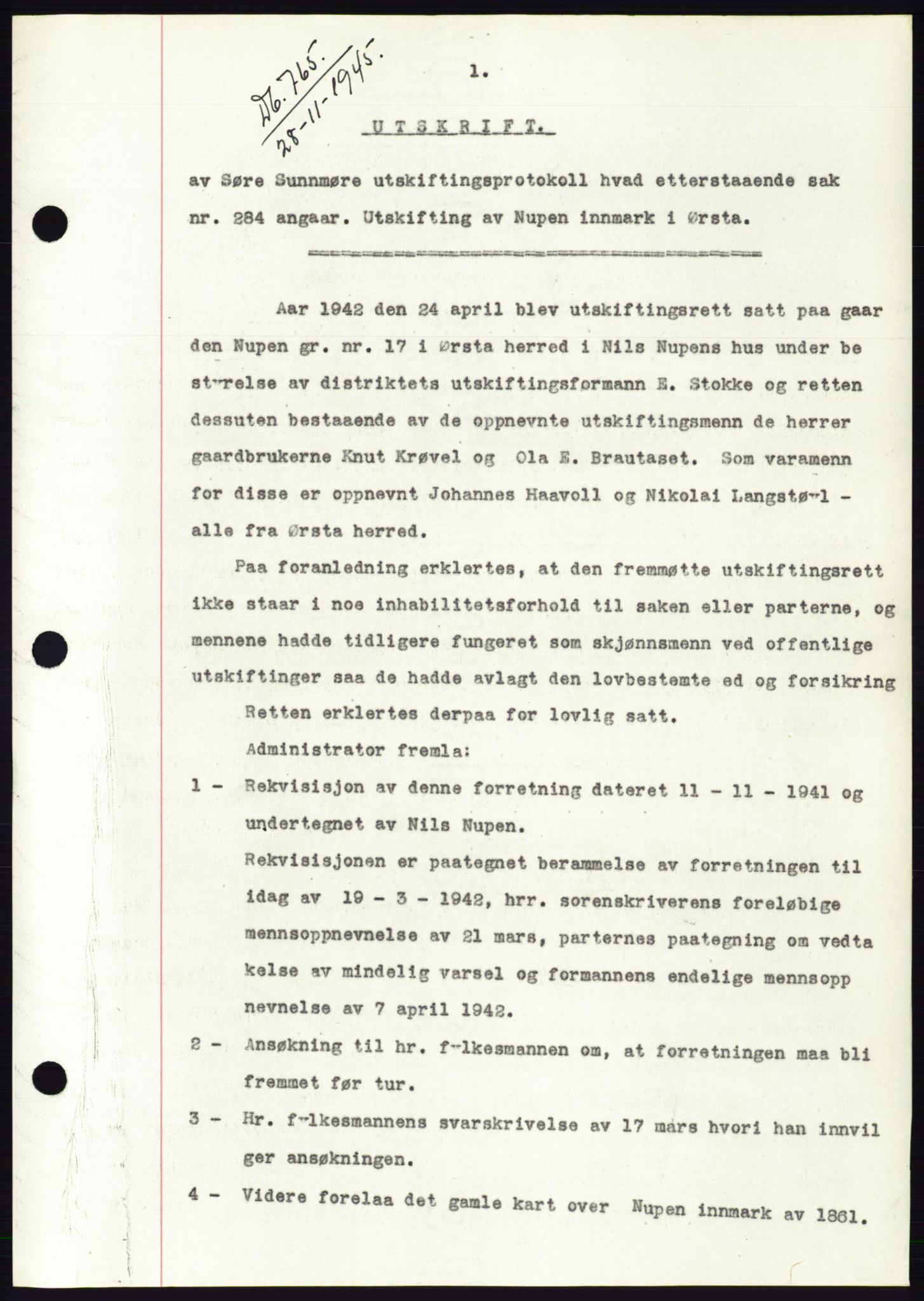 Søre Sunnmøre sorenskriveri, SAT/A-4122/1/2/2C/L0077: Pantebok nr. 3A, 1945-1946, Dagboknr: 765/1945
