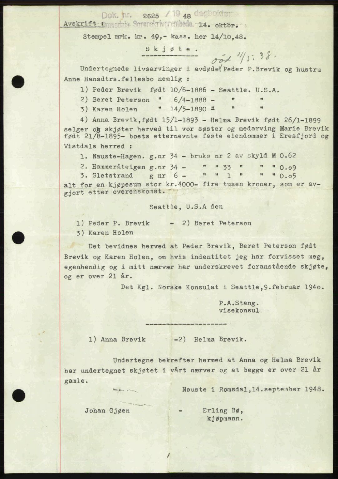 Romsdal sorenskriveri, SAT/A-4149/1/2/2C: Pantebok nr. A27, 1948-1948, Dagboknr: 2625/1948