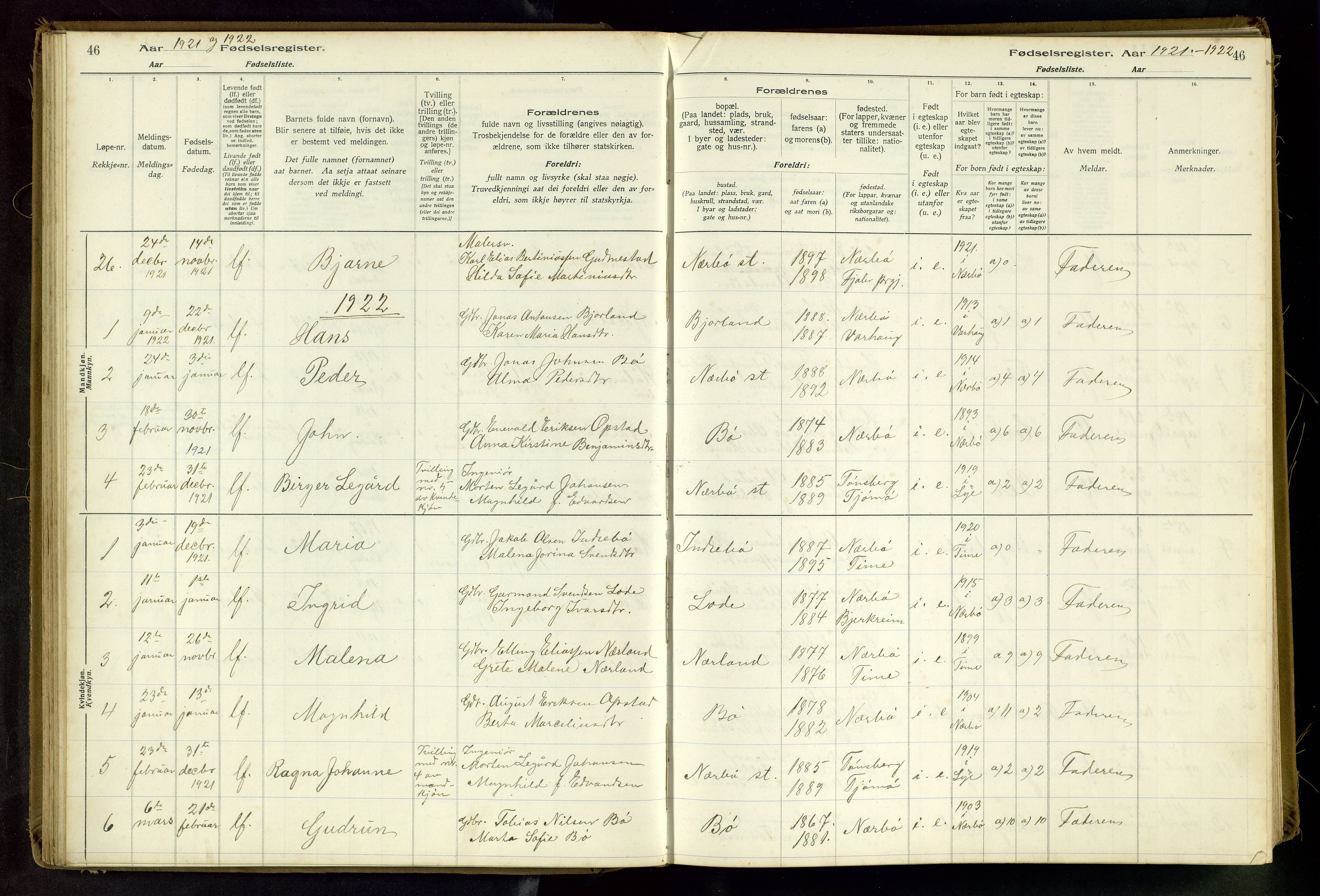 Hå sokneprestkontor, SAST/A-101801/002/C/L0001: Fødselsregister nr. 1, 1916-1945, s. 46
