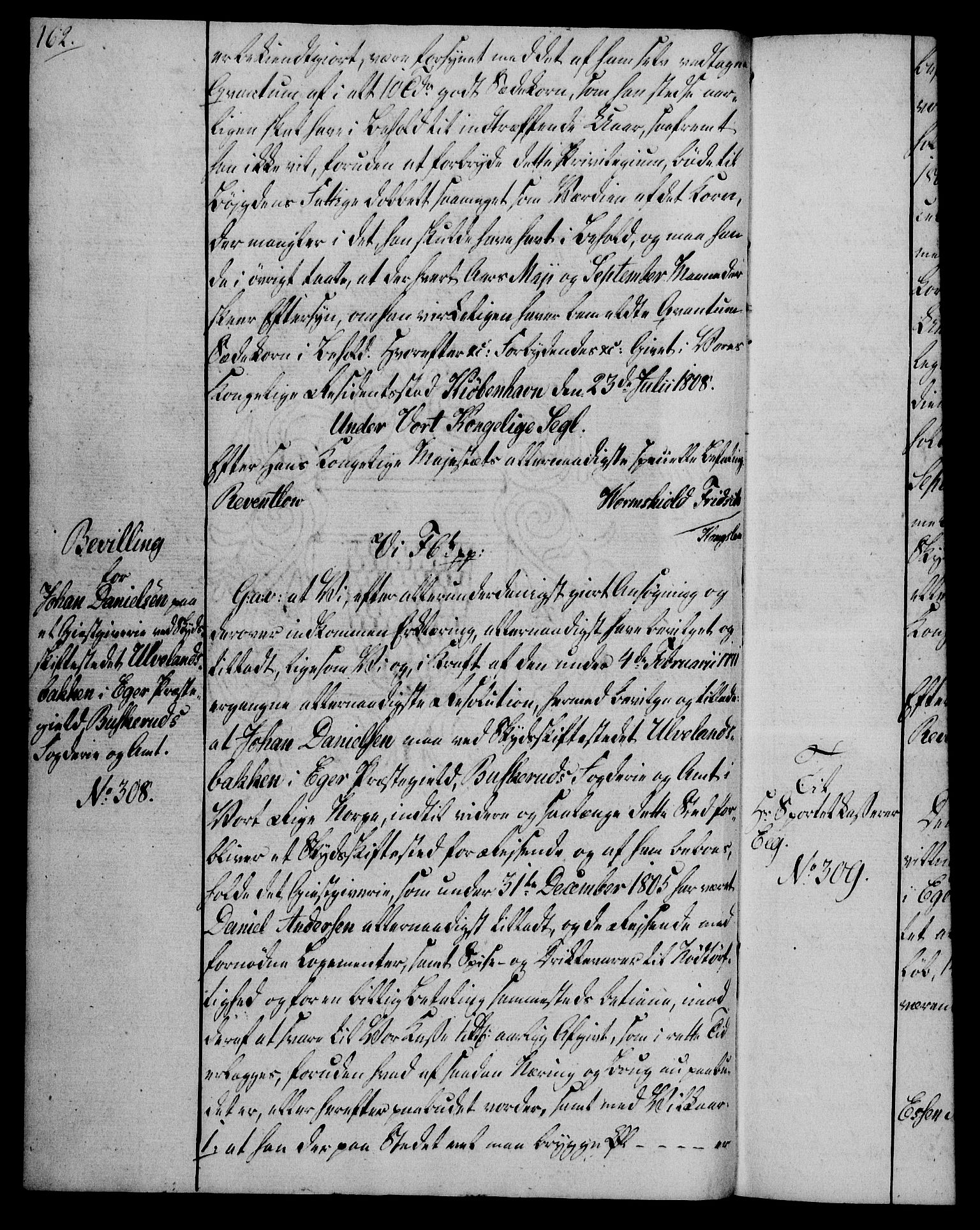 Rentekammeret, Kammerkanselliet, AV/RA-EA-3111/G/Gg/Gga/L0019: Norsk ekspedisjonsprotokoll med register (merket RK 53.19), 1807-1810, s. 162