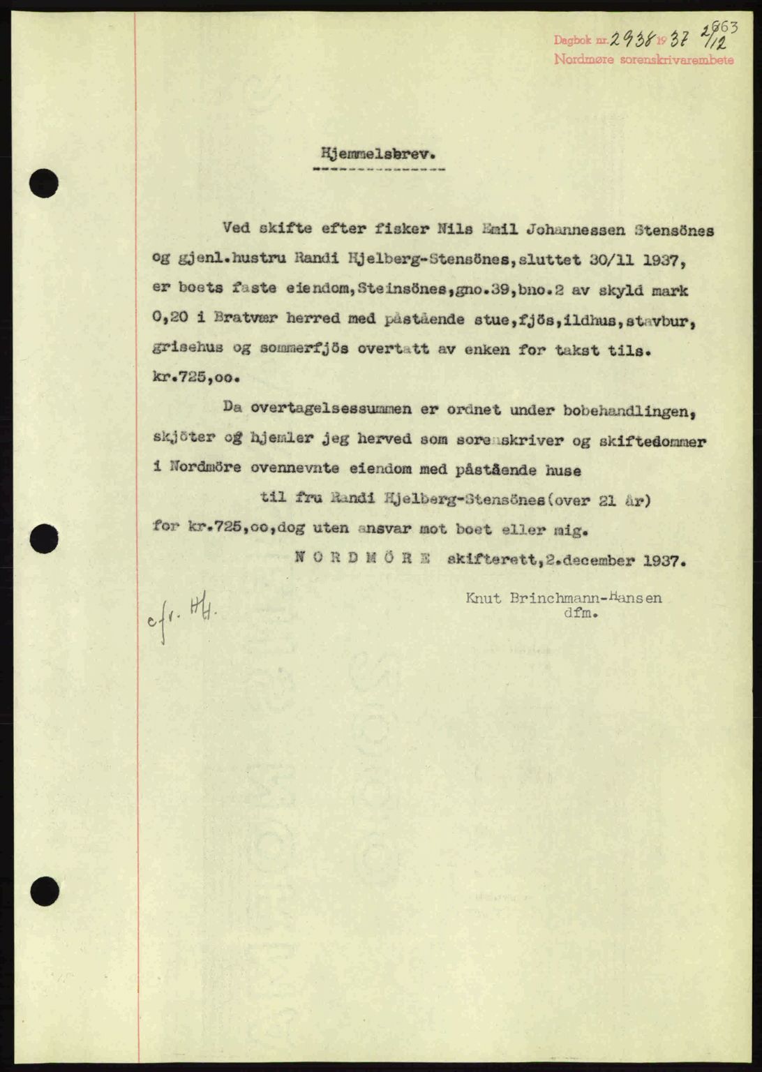 Nordmøre sorenskriveri, SAT/A-4132/1/2/2Ca: Pantebok nr. A82, 1937-1938, Dagboknr: 2938/1937