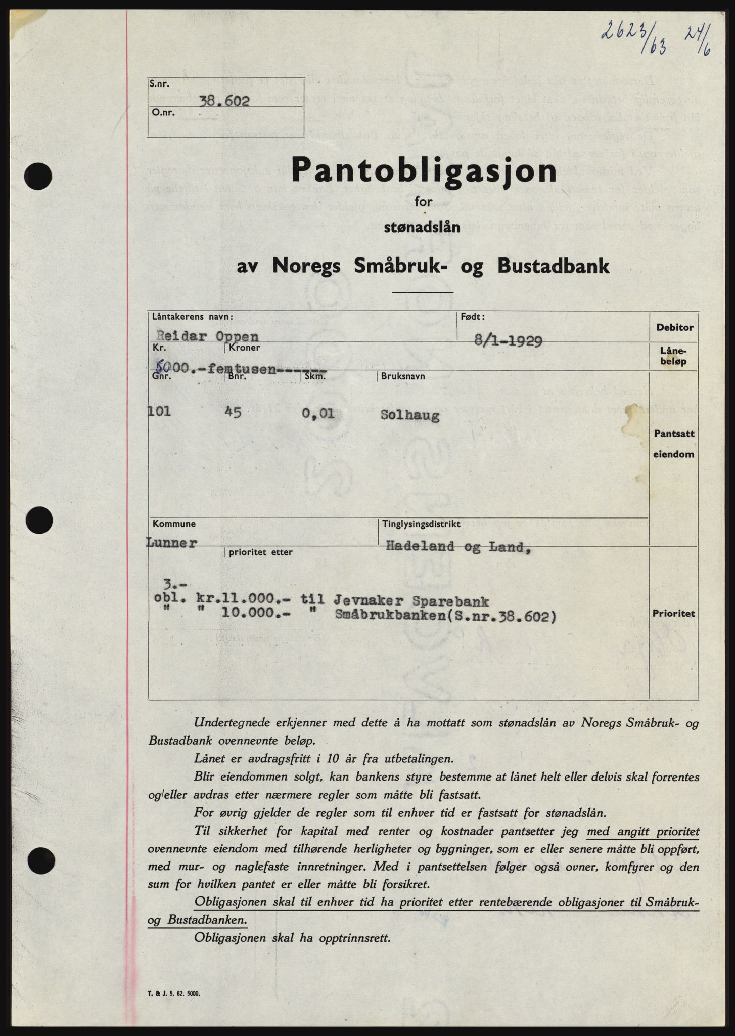 Hadeland og Land tingrett, SAH/TING-010/H/Hb/Hbc/L0052: Pantebok nr. B52, 1963-1963, Dagboknr: 2623/1963
