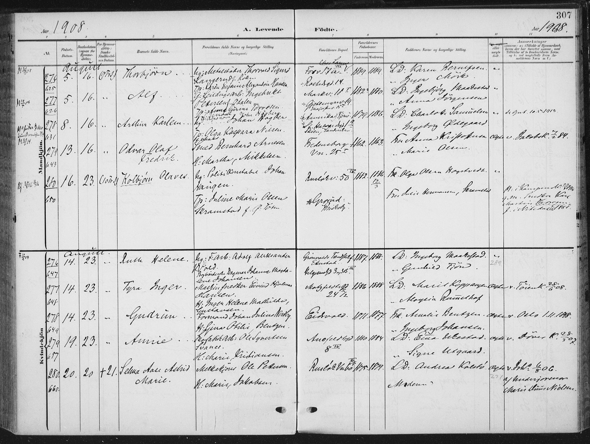 Rikshospitalet prestekontor Kirkebøker, AV/SAO-A-10309b/F/L0013: Ministerialbok nr. 13, 1905-1908, s. 307