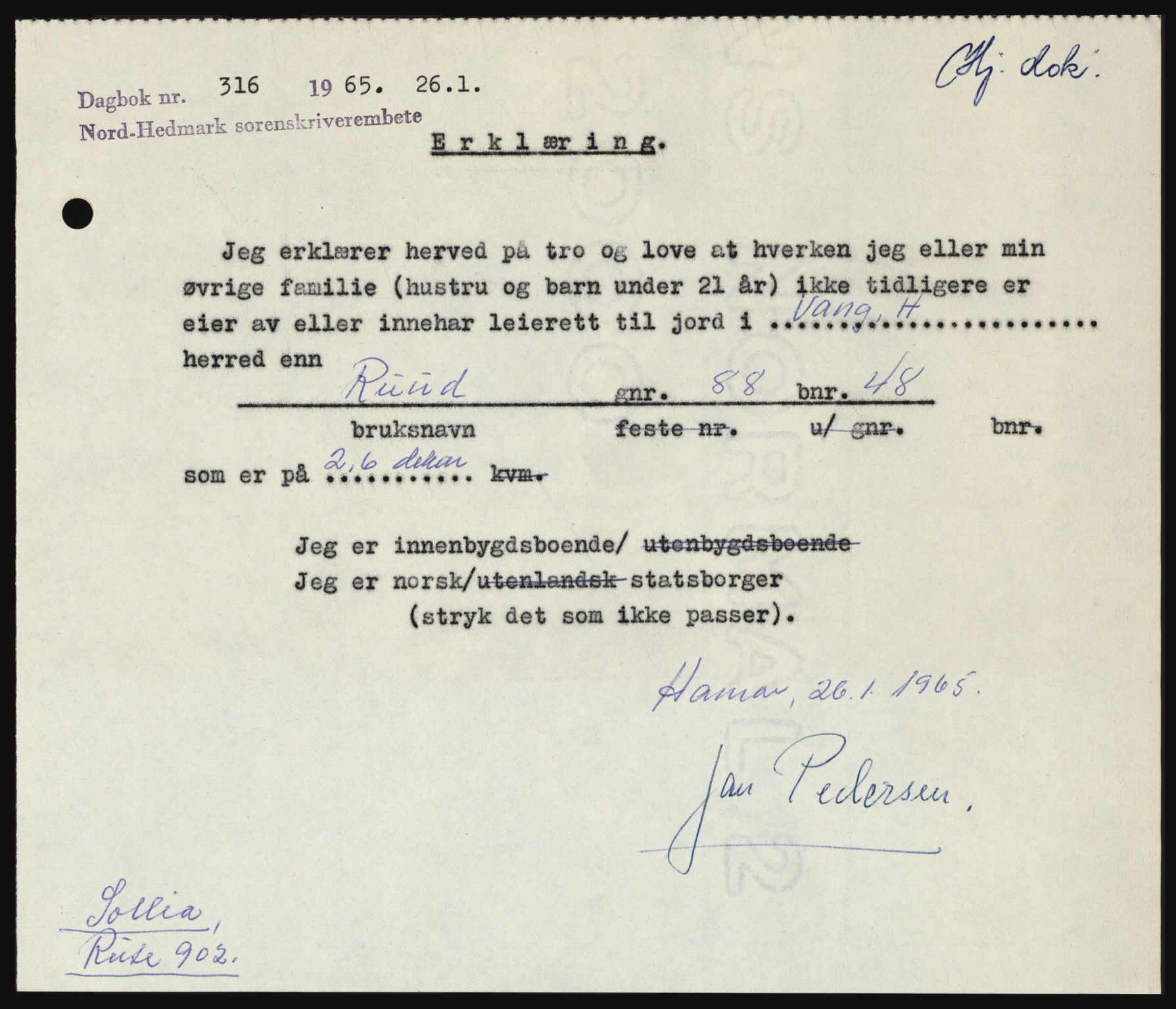 Nord-Hedmark sorenskriveri, SAH/TING-012/H/Hc/L0021: Pantebok nr. 21, 1964-1965, Dagboknr: 316/1965