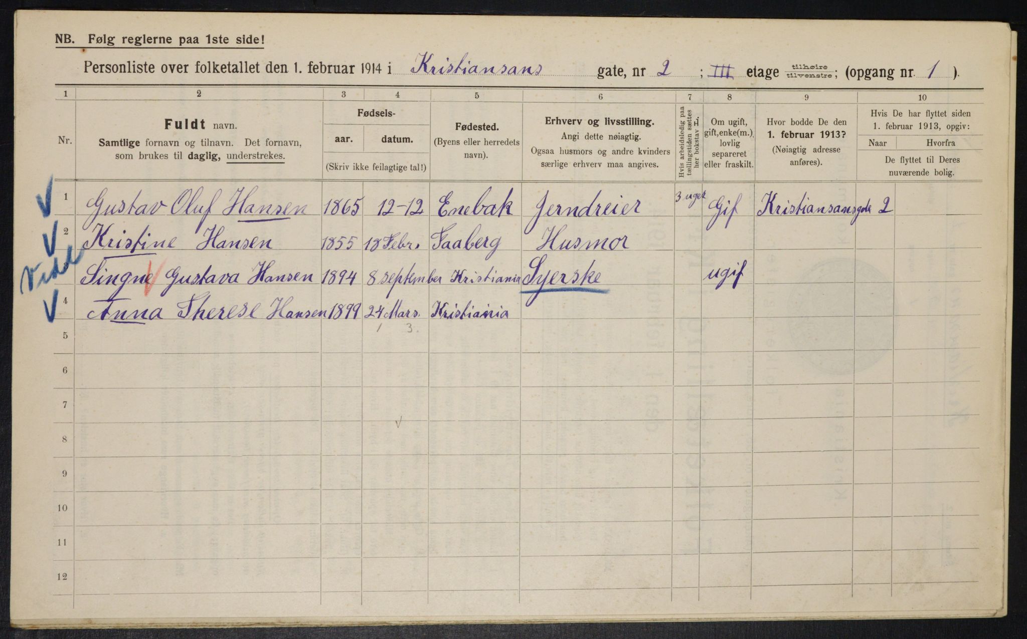 OBA, Kommunal folketelling 1.2.1914 for Kristiania, 1914, s. 54166