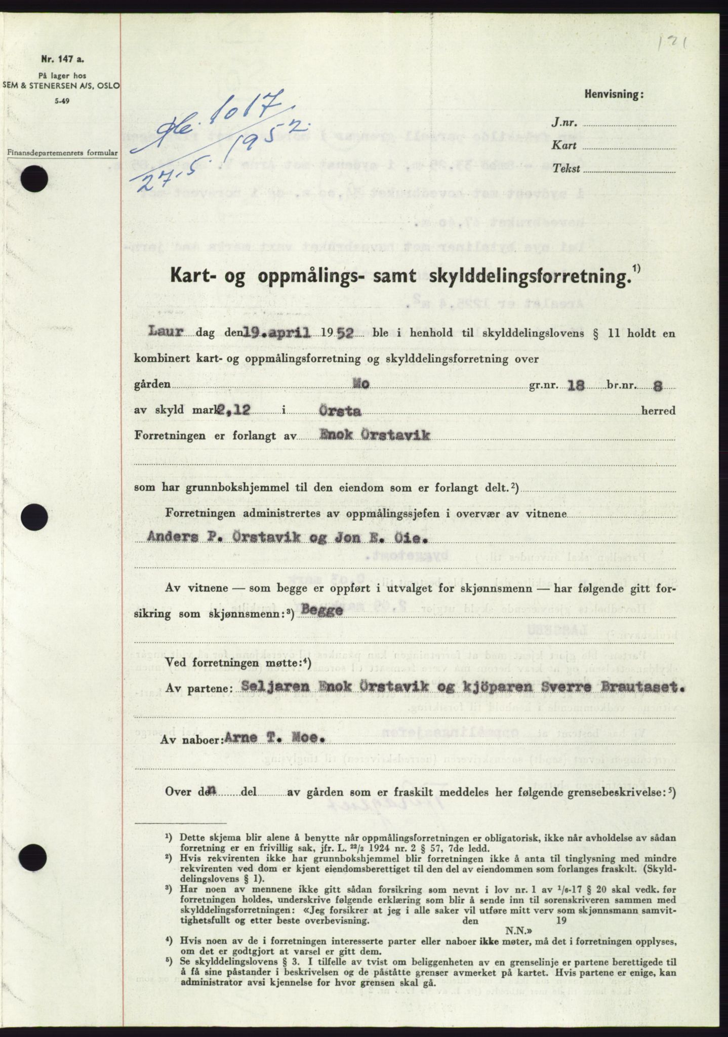 Søre Sunnmøre sorenskriveri, AV/SAT-A-4122/1/2/2C/L0092: Pantebok nr. 18A, 1952-1952, Dagboknr: 1016/1952