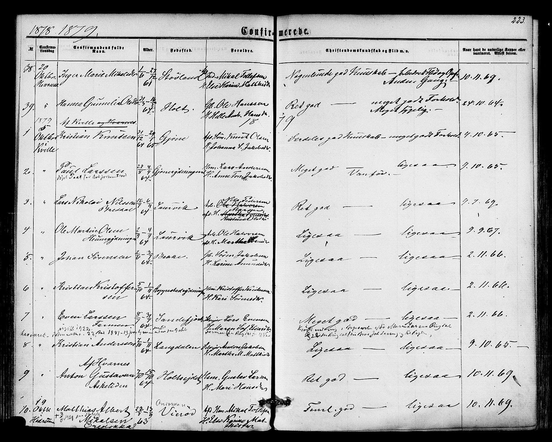 Hedrum kirkebøker, AV/SAKO-A-344/F/Fa/L0008: Ministerialbok nr. I 8, 1869-1880, s. 223