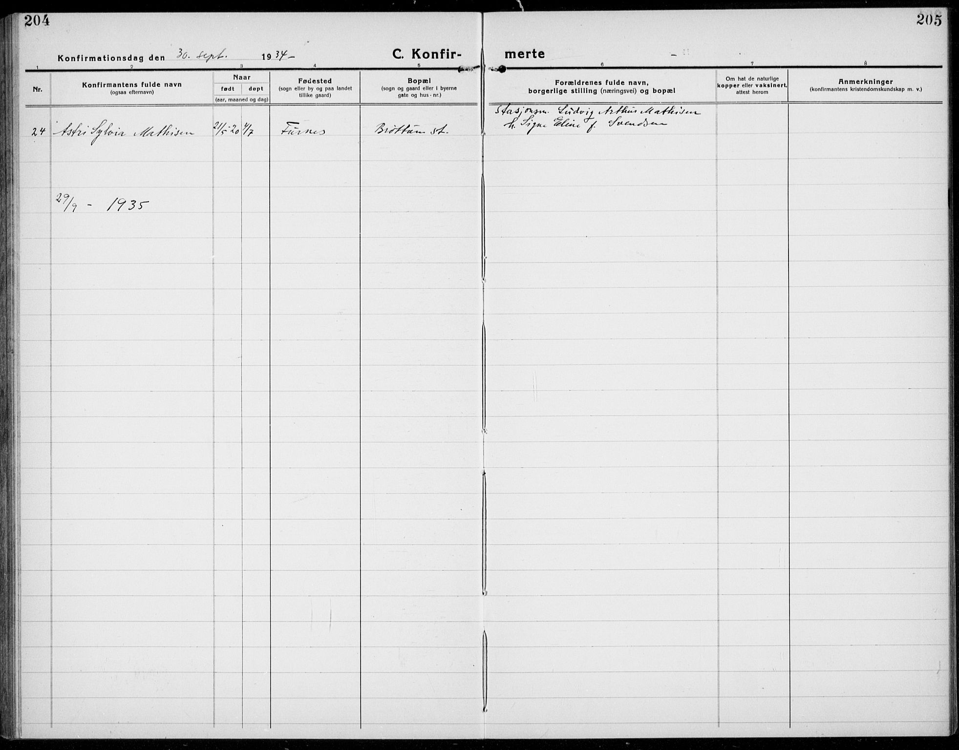 Brøttum prestekontor, SAH/PREST-016/L/La/L0001: Klokkerbok nr. 1, 1921-1941, s. 204-205