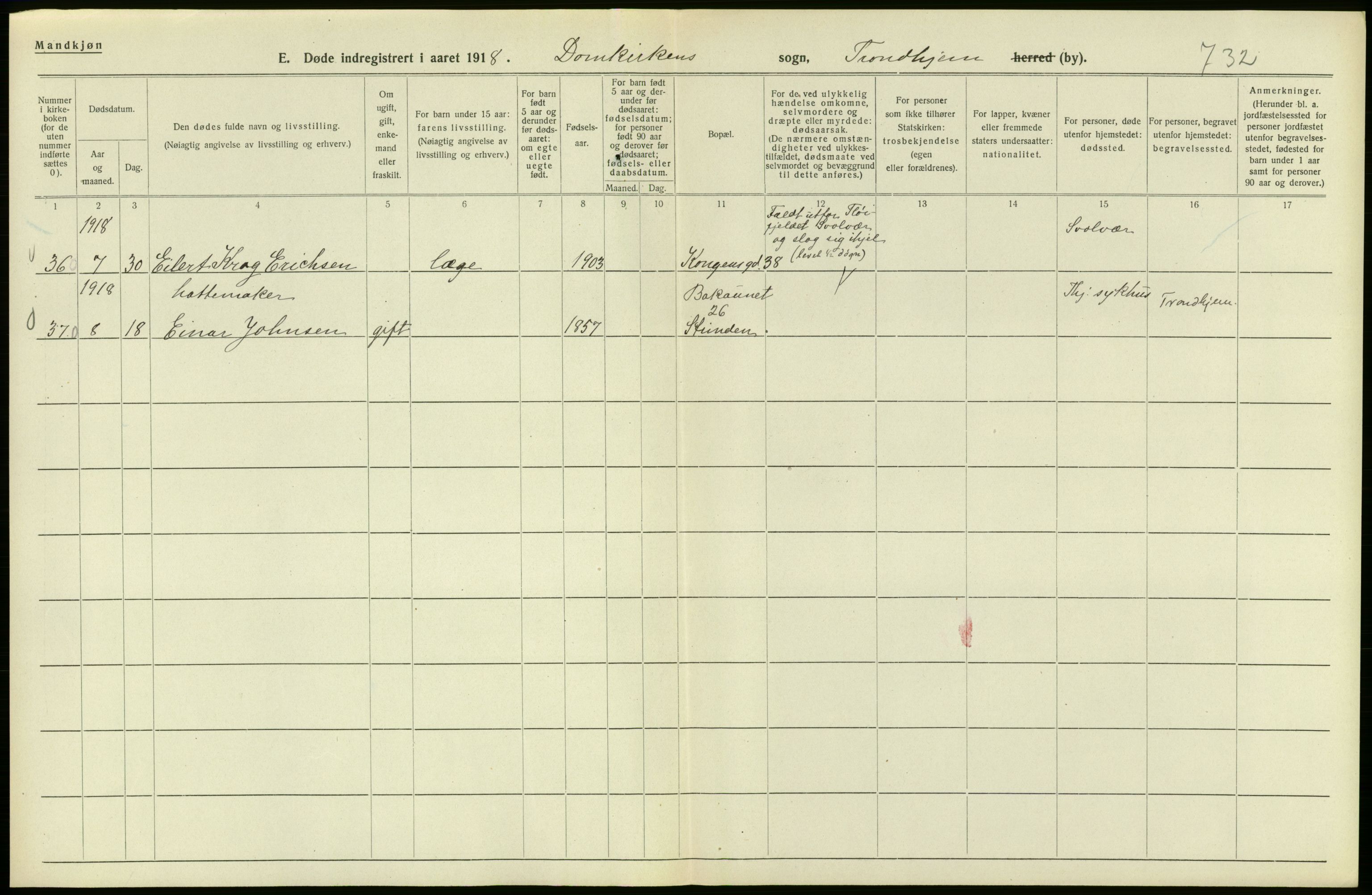 Statistisk sentralbyrå, Sosiodemografiske emner, Befolkning, AV/RA-S-2228/D/Df/Dfb/Dfbh/L0049: Trondheim: Døde, dødfødte., 1918, s. 20