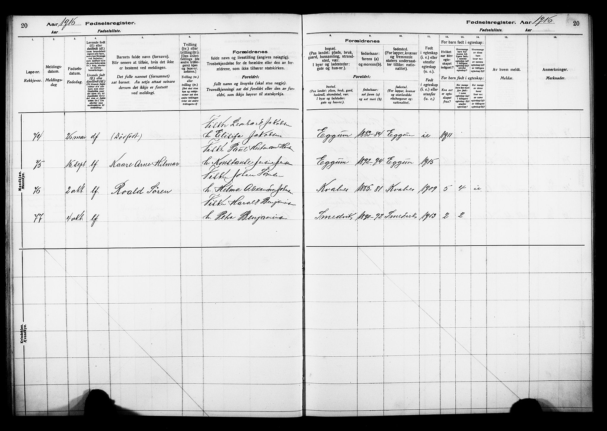 Ministerialprotokoller, klokkerbøker og fødselsregistre - Nordland, AV/SAT-A-1459/880/L1145: Fødselsregister nr. 880.II.4.1, 1916-1929, s. 20
