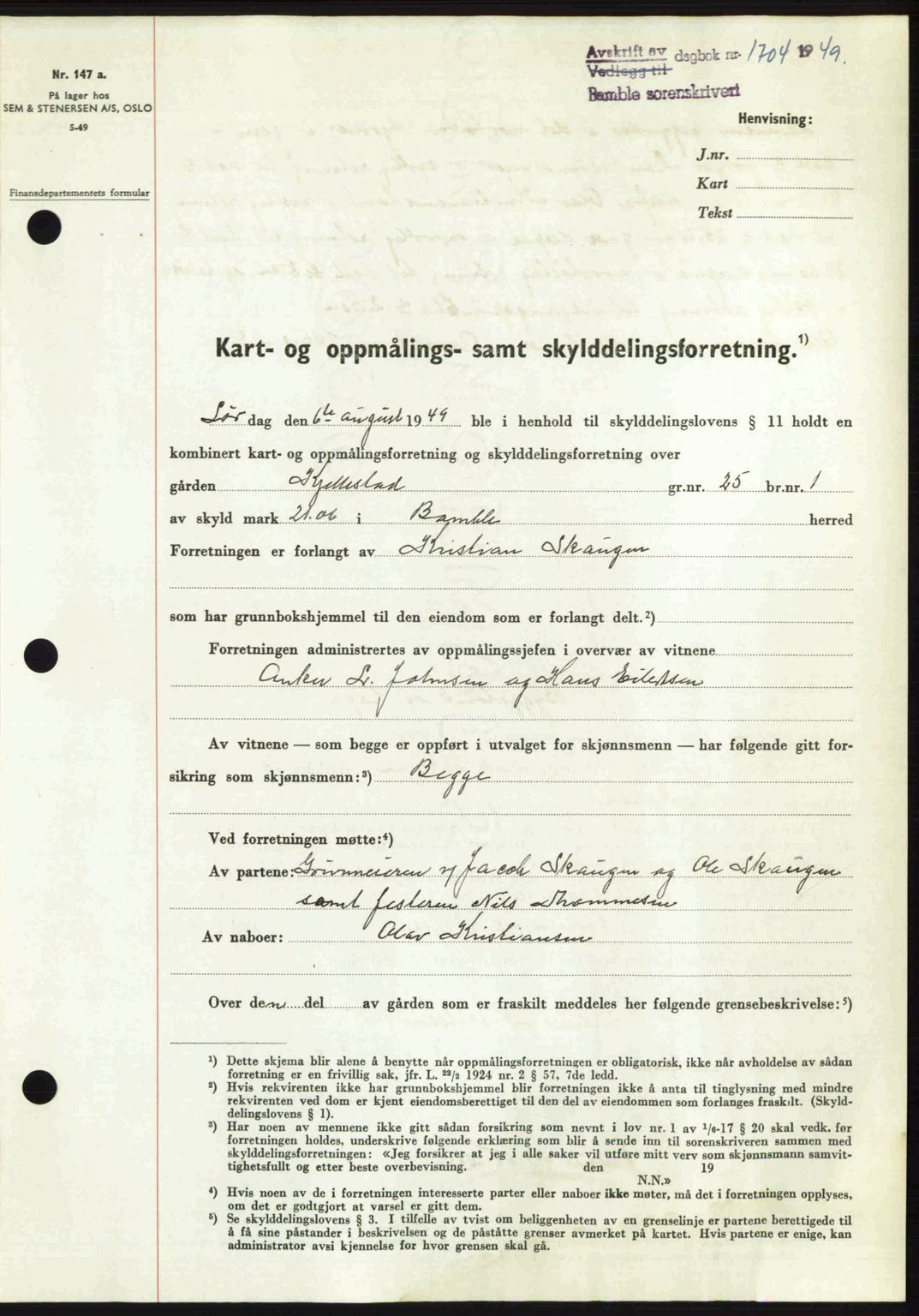 Bamble sorenskriveri, SAKO/A-214/G/Ga/Gag/L0015: Pantebok nr. A-15, 1949-1949, Dagboknr: 1704/1949