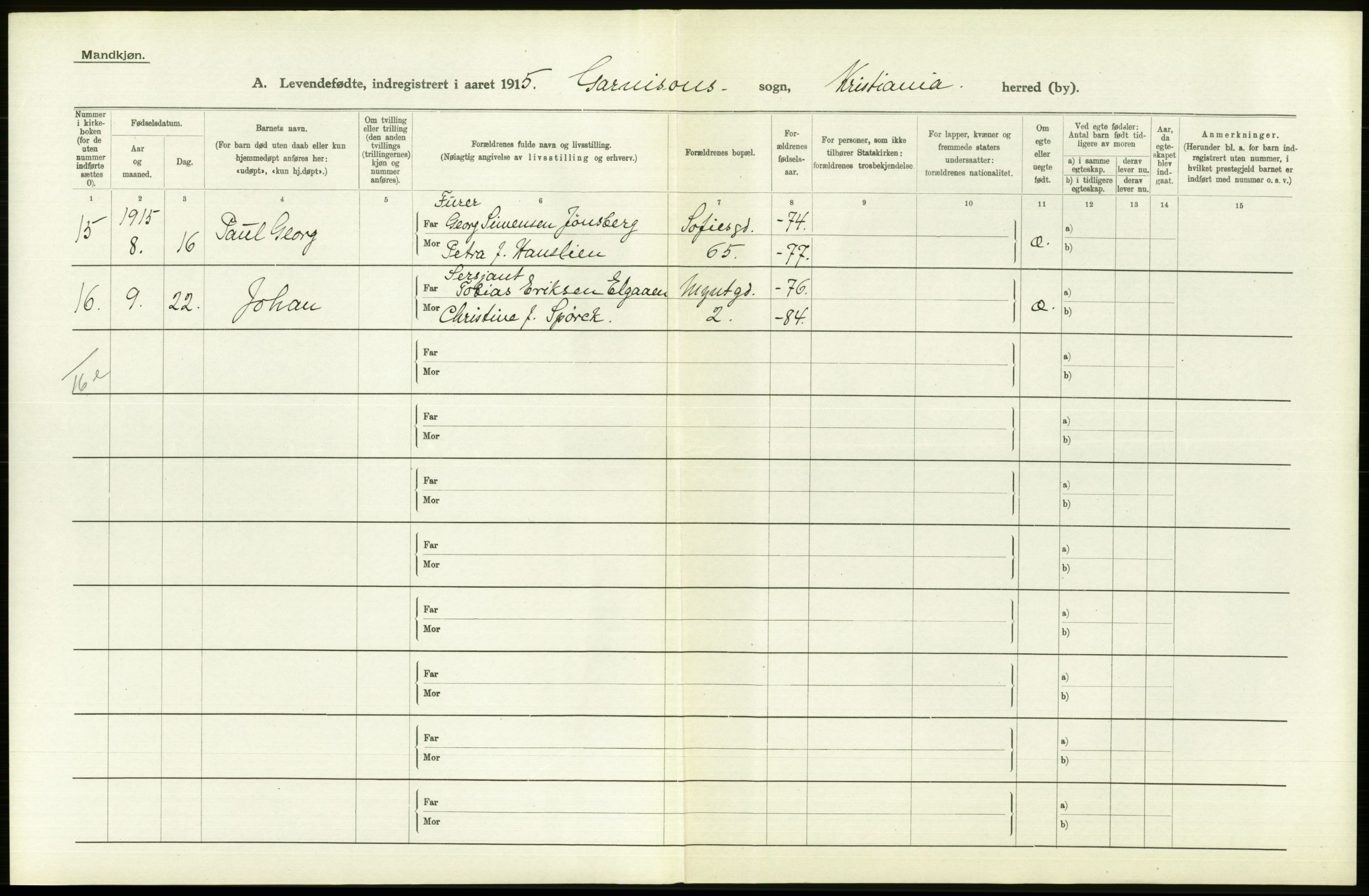 Statistisk sentralbyrå, Sosiodemografiske emner, Befolkning, RA/S-2228/D/Df/Dfb/Dfbe/L0006: Kristiania: Levendefødte menn og kvinner., 1915, s. 582