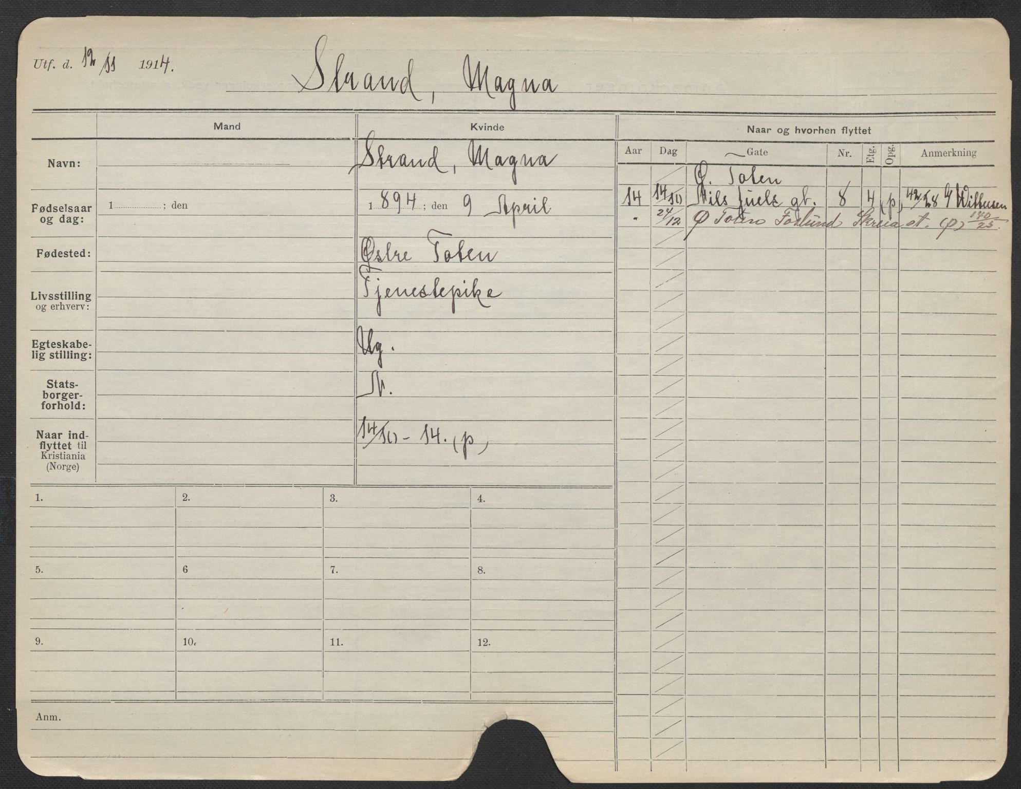 Oslo folkeregister, Registerkort, AV/SAO-A-11715/F/Fa/Fac/L0024: Kvinner, 1906-1914, s. 396a
