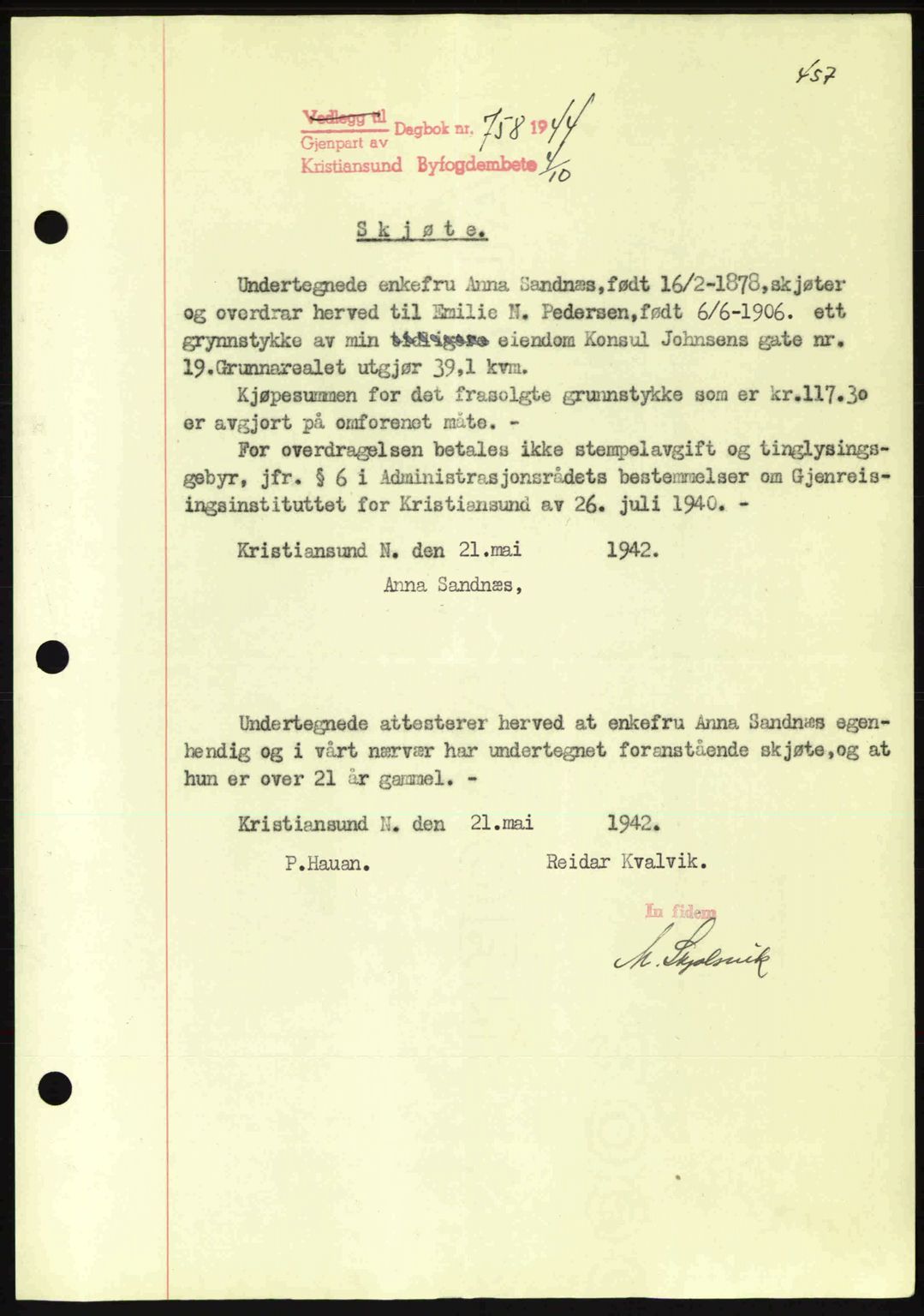 Kristiansund byfogd, AV/SAT-A-4587/A/27: Pantebok nr. 34, 1941-1945, Dagboknr: 758/1944