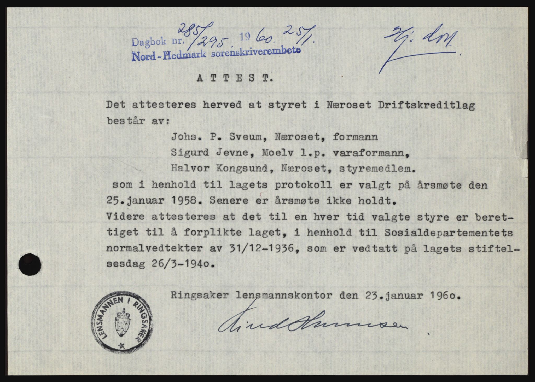 Nord-Hedmark sorenskriveri, SAH/TING-012/H/Hc/L0013: Pantebok nr. 13, 1959-1960, Dagboknr: 285/1960
