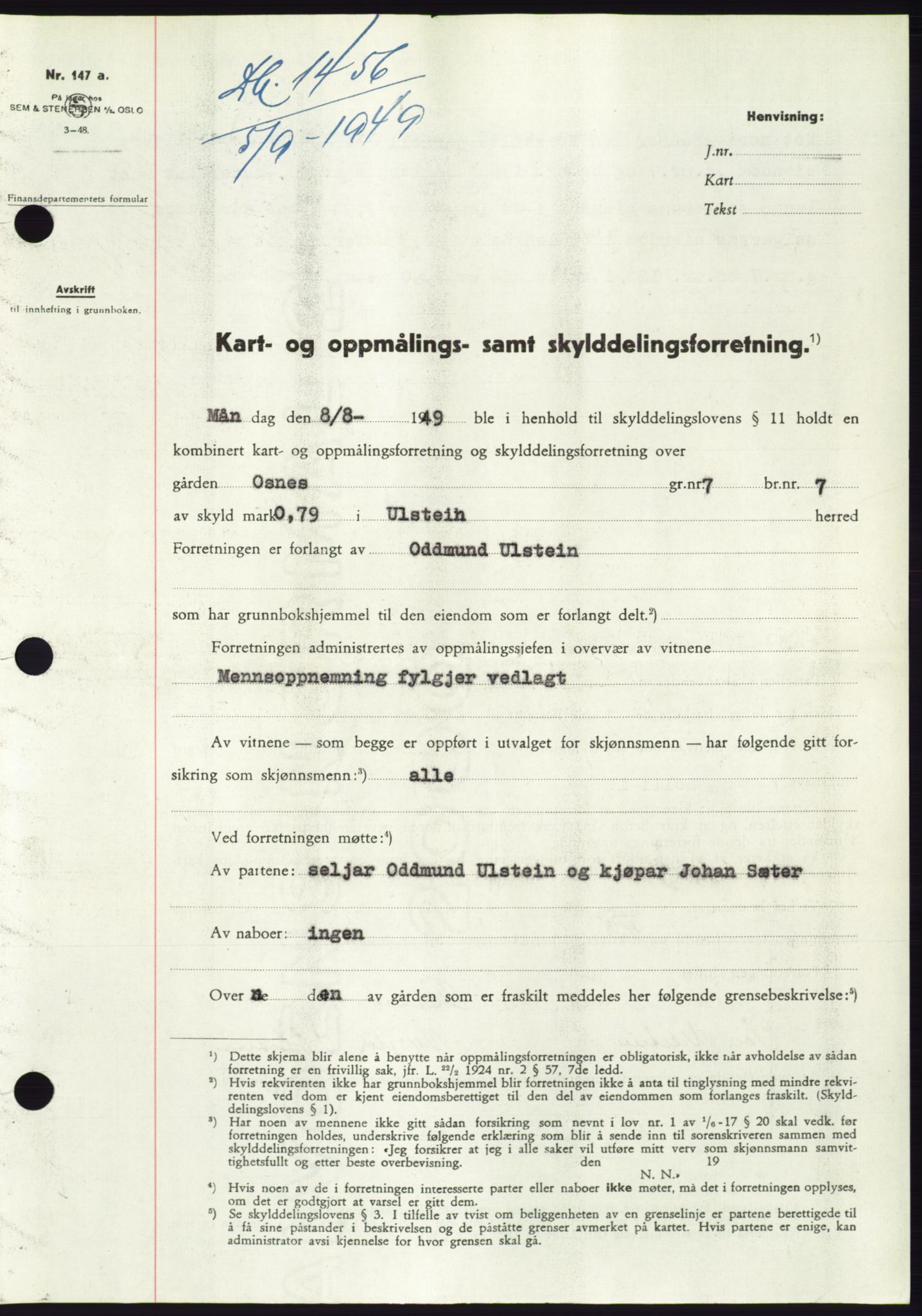 Søre Sunnmøre sorenskriveri, SAT/A-4122/1/2/2C/L0085: Pantebok nr. 11A, 1949-1949, Dagboknr: 1456/1949