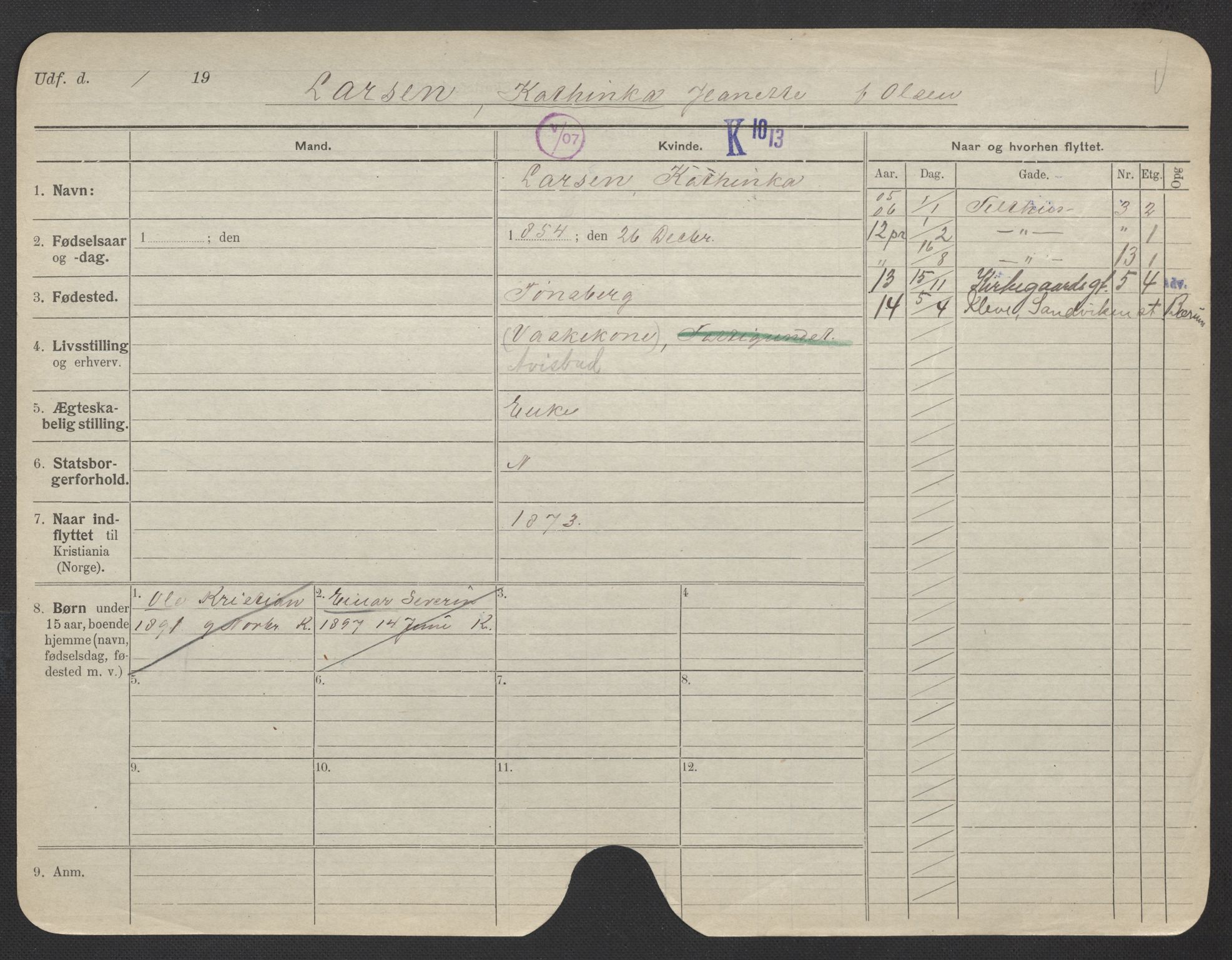Oslo folkeregister, Registerkort, AV/SAO-A-11715/F/Fa/Fac/L0019: Kvinner, 1906-1914, s. 1005a