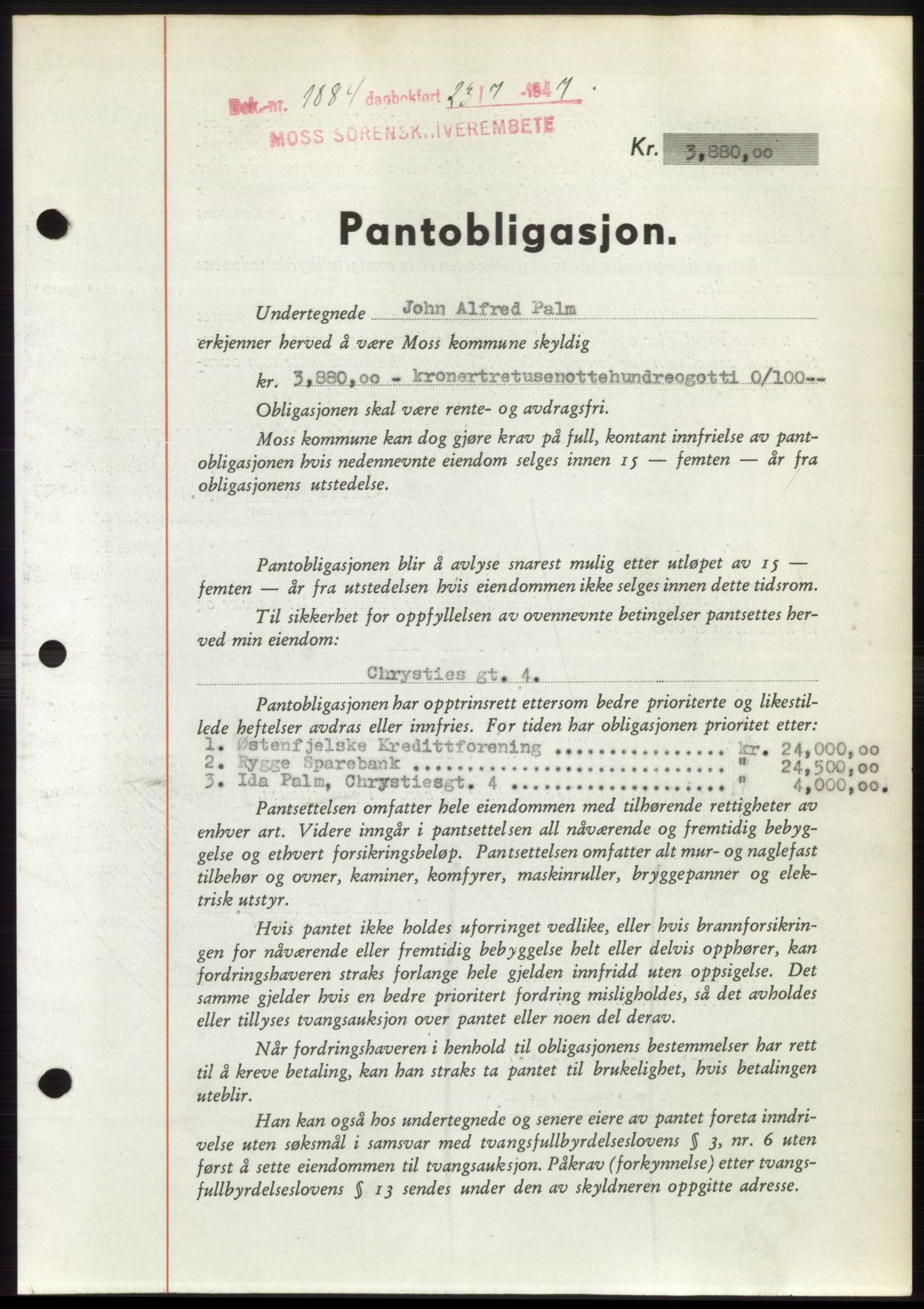 Moss sorenskriveri, SAO/A-10168: Pantebok nr. B17, 1947-1947, Dagboknr: 1884/1947