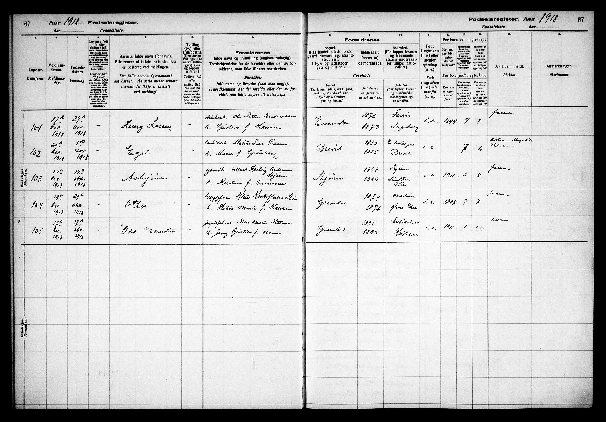 Tune prestekontor Kirkebøker, AV/SAO-A-2007/J/Ja/L0001: Fødselsregister nr. I 1, 1916-1928, s. 67