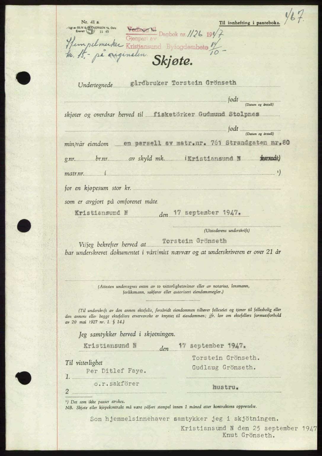 Kristiansund byfogd, AV/SAT-A-4587/A/27: Pantebok nr. 39b, 1946-1947, Dagboknr: 1126/1947