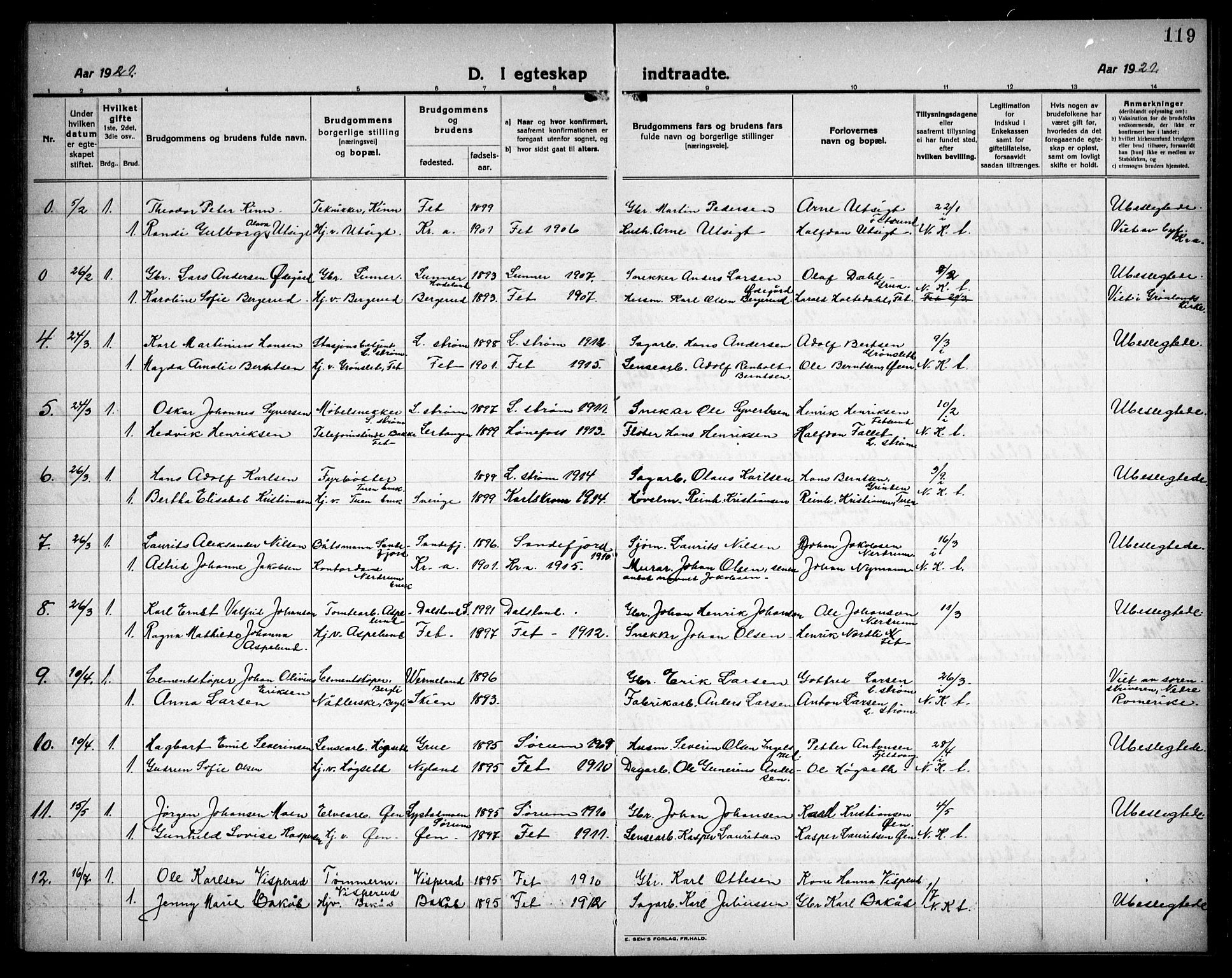 Fet prestekontor Kirkebøker, AV/SAO-A-10370a/G/Ga/L0009: Klokkerbok nr. I 9, 1920-1934, s. 119