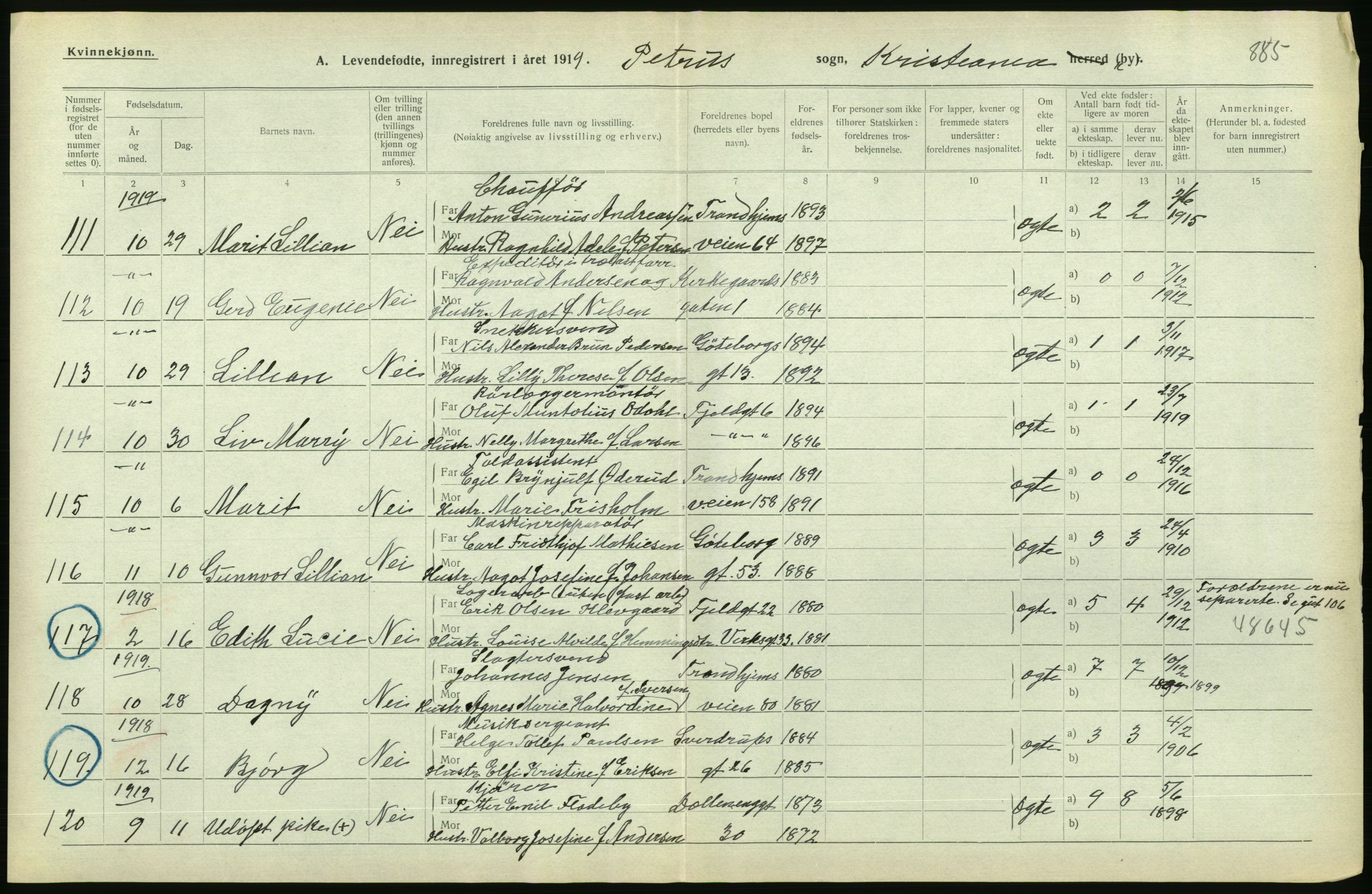 Statistisk sentralbyrå, Sosiodemografiske emner, Befolkning, AV/RA-S-2228/D/Df/Dfb/Dfbi/L0008: Kristiania: Levendefødte menn og kvinner., 1919