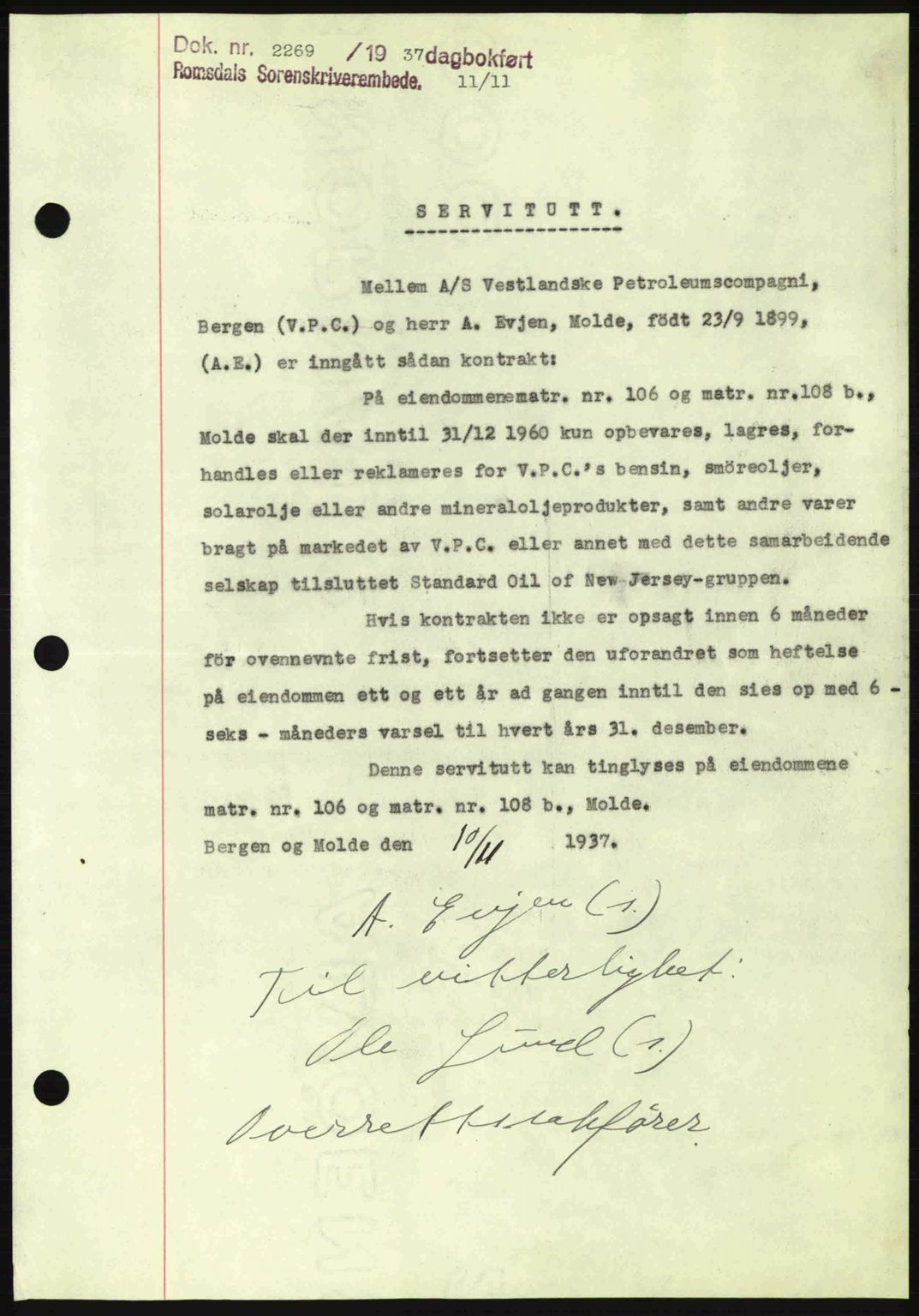 Romsdal sorenskriveri, SAT/A-4149/1/2/2C: Pantebok nr. A4, 1937-1938, Dagboknr: 2269/1937