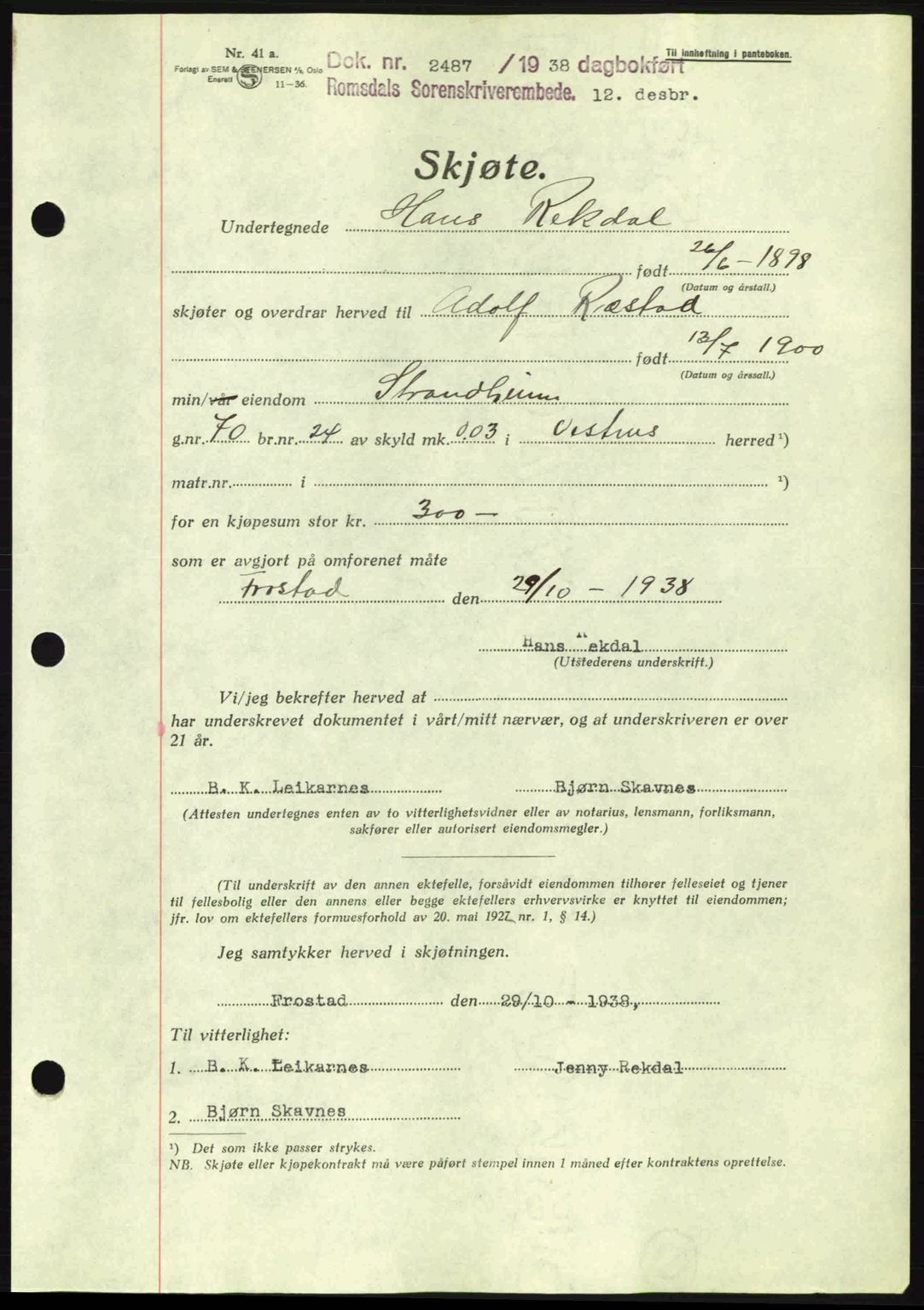 Romsdal sorenskriveri, AV/SAT-A-4149/1/2/2C: Pantebok nr. A6, 1938-1939, Dagboknr: 2487/1938