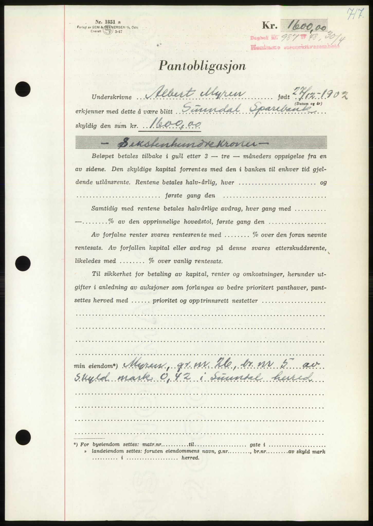 Nordmøre sorenskriveri, SAT/A-4132/1/2/2Ca: Pantebok nr. B98, 1948-1948, Dagboknr: 987/1948