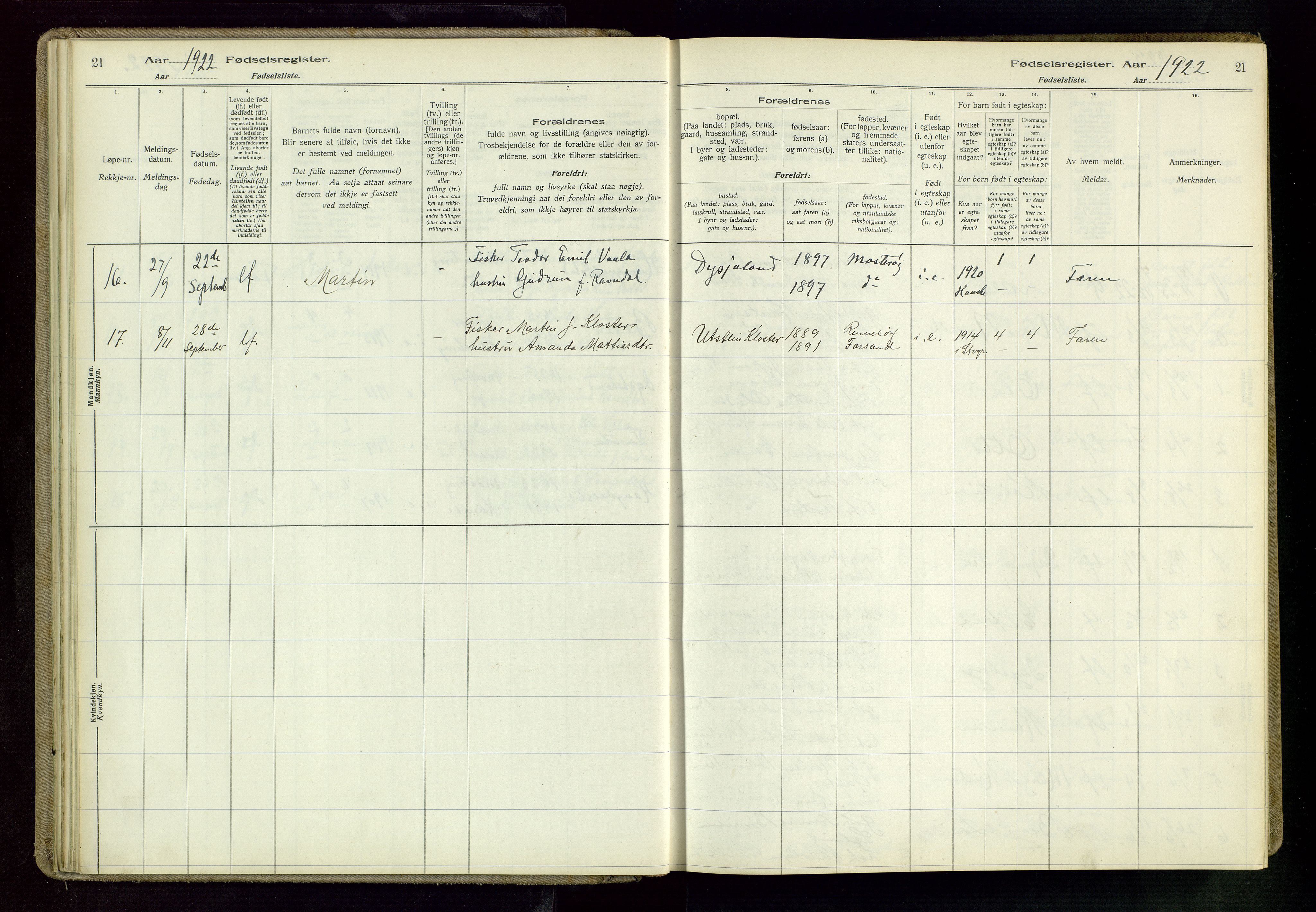 Rennesøy sokneprestkontor, AV/SAST-A -101827/I/Id/L0002: Fødselsregister nr. 2, 1916-1982, s. 21