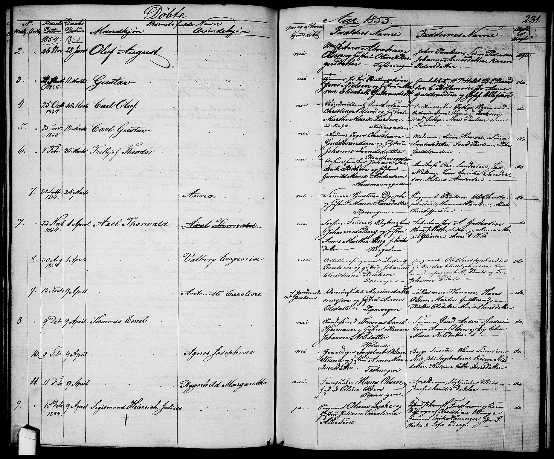 Garnisonsmenigheten Kirkebøker, AV/SAO-A-10846/G/Ga/L0005: Klokkerbok nr. 5, 1841-1860, s. 231