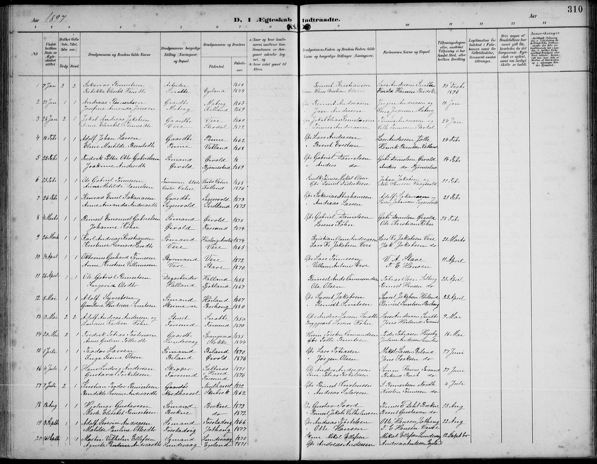 Lista sokneprestkontor, SAK/1111-0027/F/Fb/L0005: Klokkerbok nr. B 5, 1892-1923, s. 310