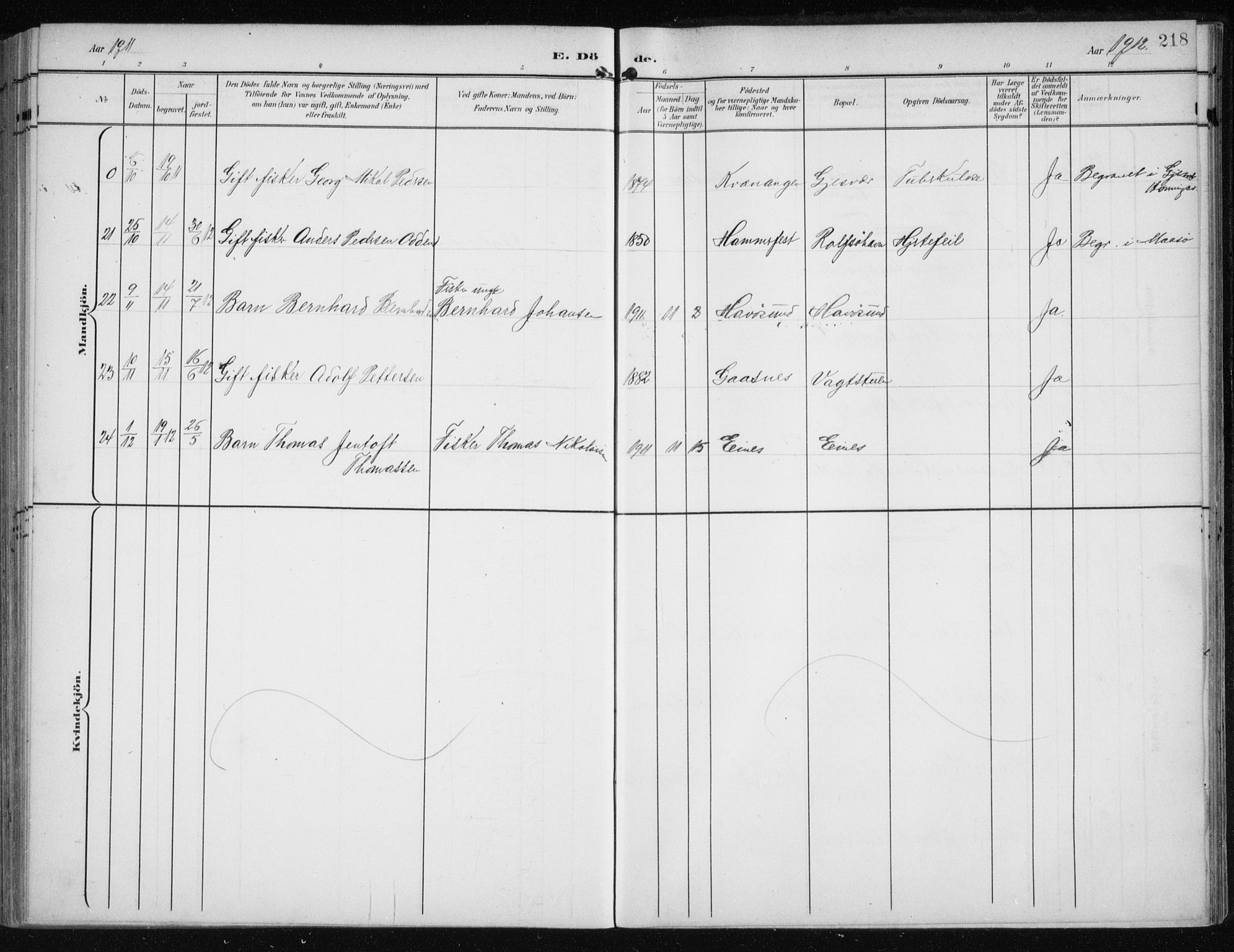 Måsøy sokneprestkontor, AV/SATØ-S-1348/H/Ha/L0009kirke: Ministerialbok nr. 9, 1903-1914, s. 218