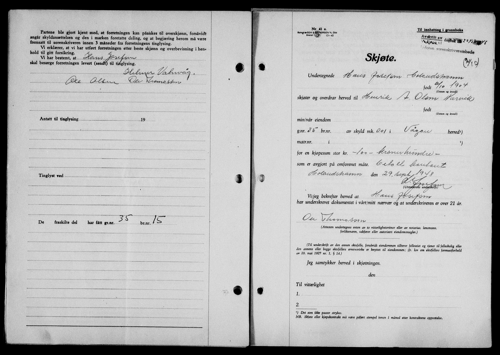 Lofoten sorenskriveri, SAT/A-0017/1/2/2C/L0019a: Pantebok nr. 19a, 1948-1948, Dagboknr: 2245/1948