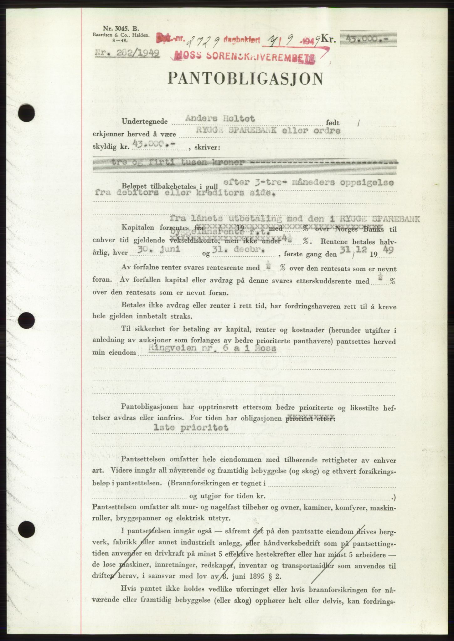Moss sorenskriveri, SAO/A-10168: Pantebok nr. B22, 1949-1949, Dagboknr: 2729/1949
