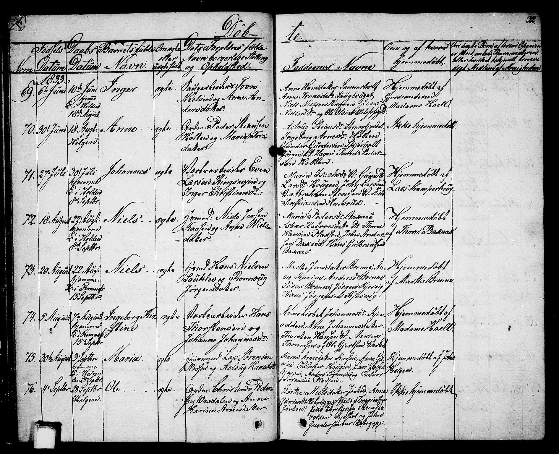 Holla kirkebøker, AV/SAKO-A-272/G/Ga/L0002: Klokkerbok nr. I 2, 1830-1848, s. 32